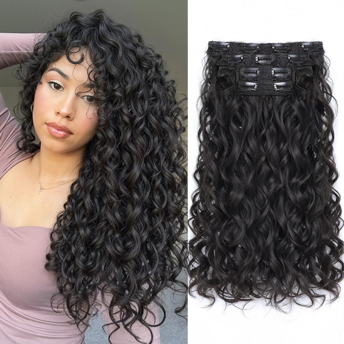 Vigorous Curly Clip In Hair Extensions, 4PCS 20 inch Thick Curly Hair Extensions Lace Weft Clip Ins Invisible Natural Synthetic Hairpieces for Women, Black(1B) customer photo 1