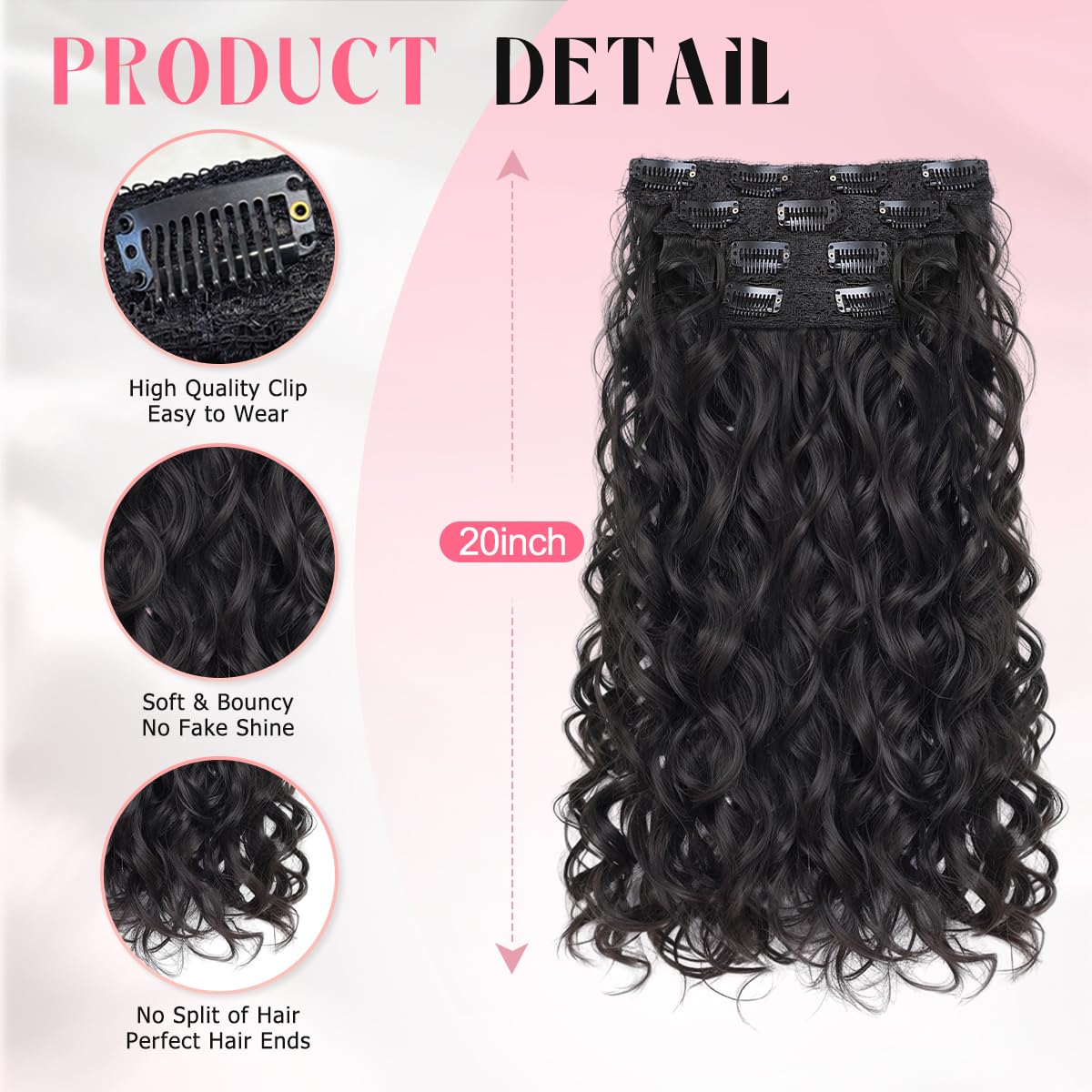 Vigorous Curly Clip In Hair Extensions, 4PCS 20 inch Thick Curly Hair Extensions Lace Weft Clip Ins Invisible Natural Synthetic Hairpieces for Women, Black(1B) customer photo 2