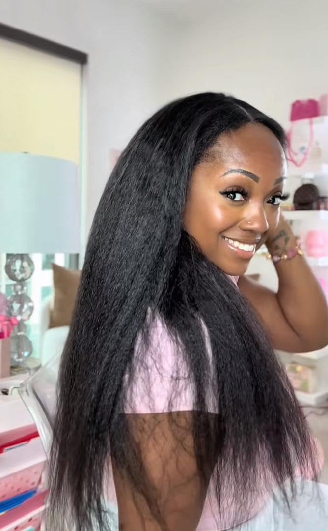 22Inch V Part Kinkystraight Wig Human Hair with Drawstring 200% Density Glueless U Part Upgraded 100% Natural Unprocessed Human Hair Wigs for Women No Sew in V Shape Clip In Half Wig Human Hair customer photo 1