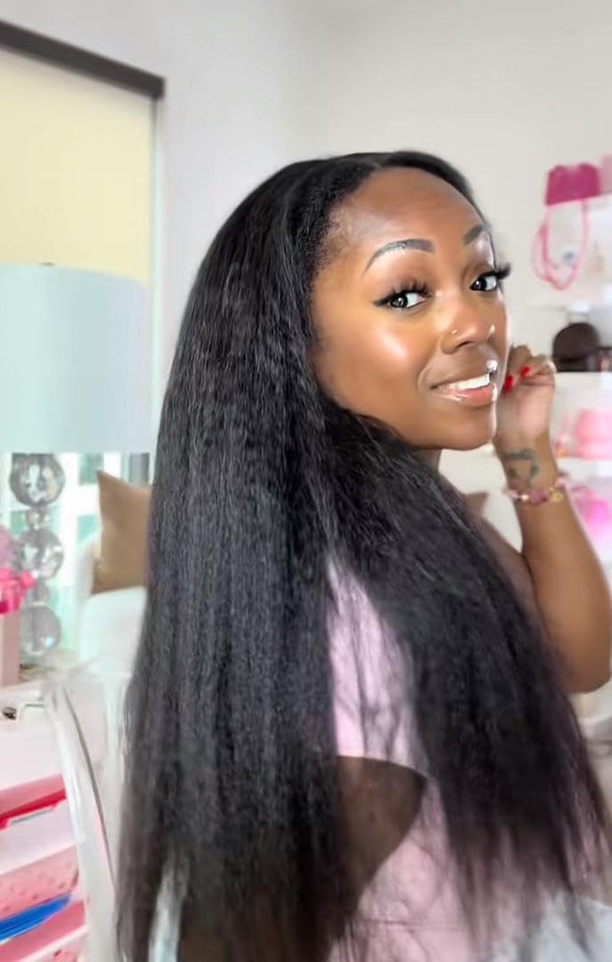 22Inch V Part Kinkystraight Wig Human Hair with Drawstring 200% Density Glueless U Part Upgraded 100% Natural Unprocessed Human Hair Wigs for Women No Sew in V Shape Clip In Half Wig Human Hair customer photo 2