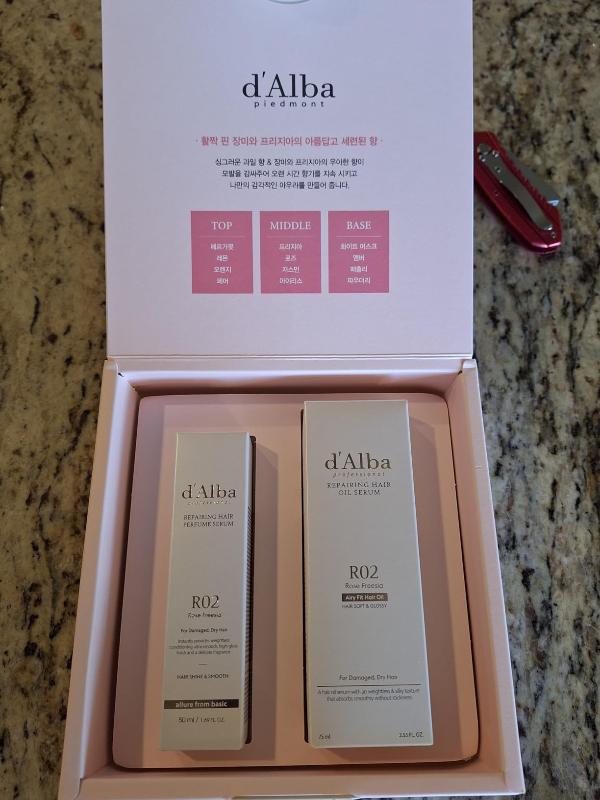 Holiday Hair Care Gift Set (Hair Oil 2.54 fl oz. & Perfume 1.69 fl oz.), Repairing Hair Oil Serum & Hair Perfume Duo, Silky & Glossy Finish, Rose & Freesia Scent customer photo 1