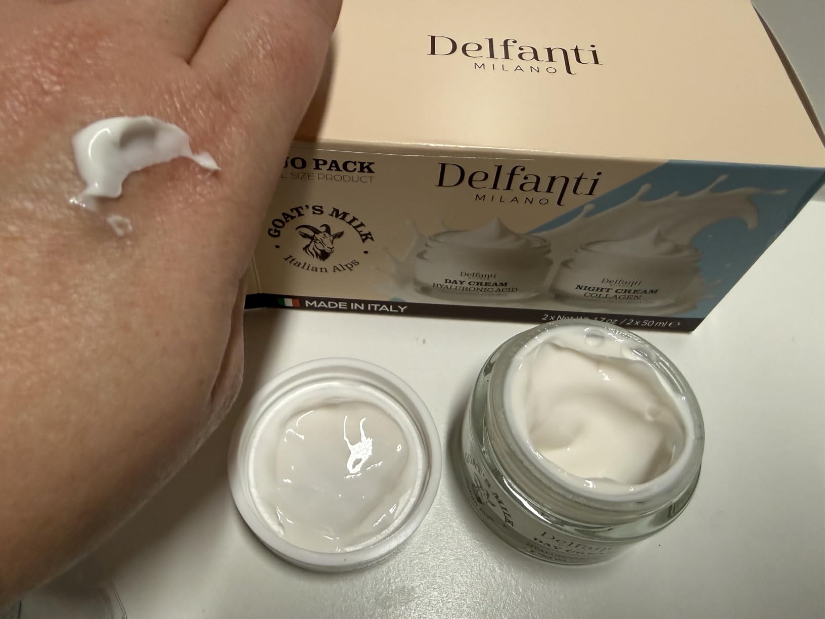 Delfanti-Milano FULL SIZE DUO PACK - GOAT'S MILK with HYALURONIC ACID Day Cream and GOAT'S MILK with COLLAGEN Night Cream - Face and Neck Moisturizer - 2 x 1.7 oz jars - Made in Italy customer photo 2