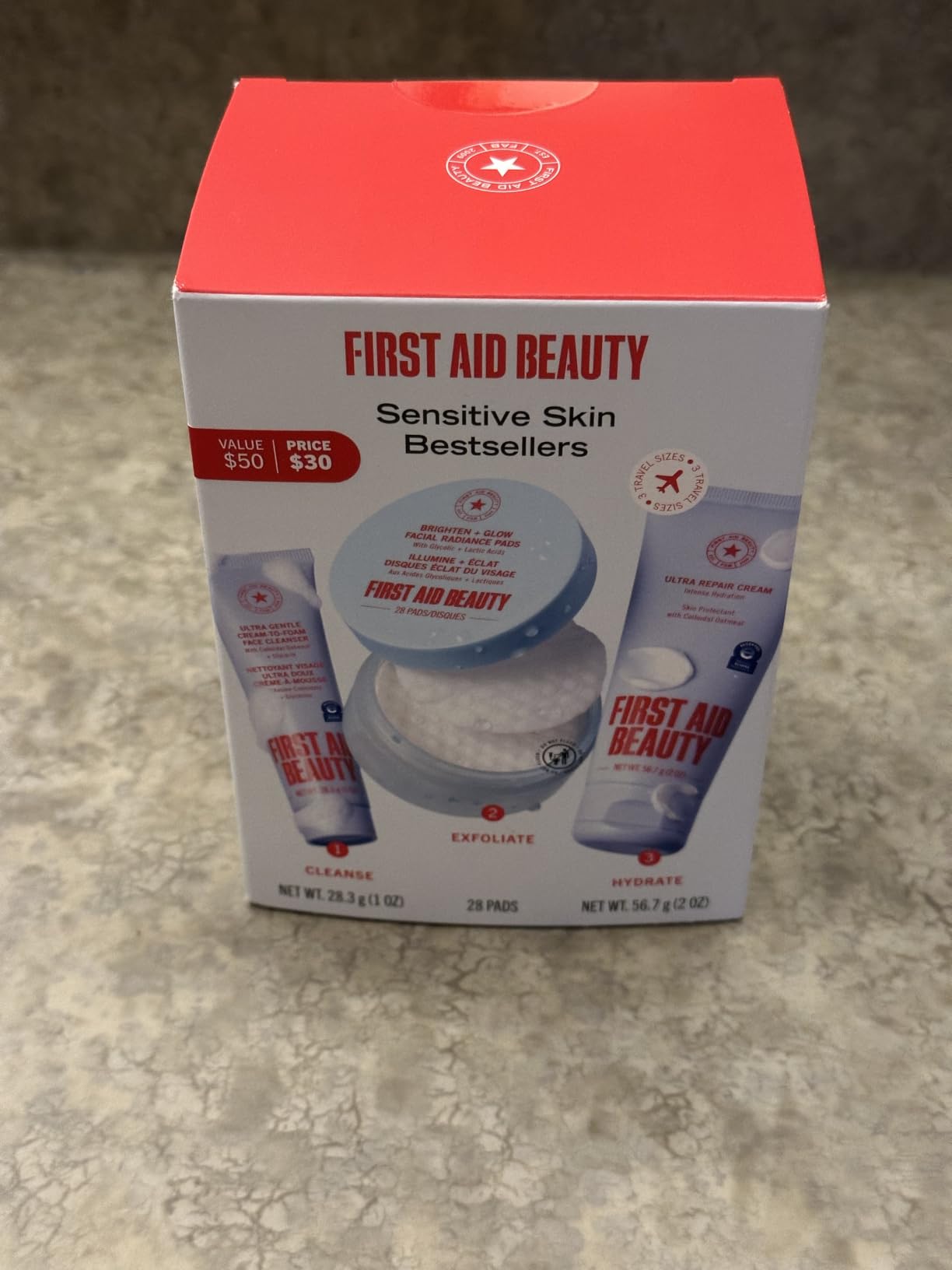 First Aid Beauty Sensitive Skin Skincare Routine Set, Ultra Gentle Cleanser + Facial Radiance Pads + Ultra Repair Cream, Fragrance Free Hydrating & Exfoliating Travel Kit, 3-Piece Gift Set customer photo 2