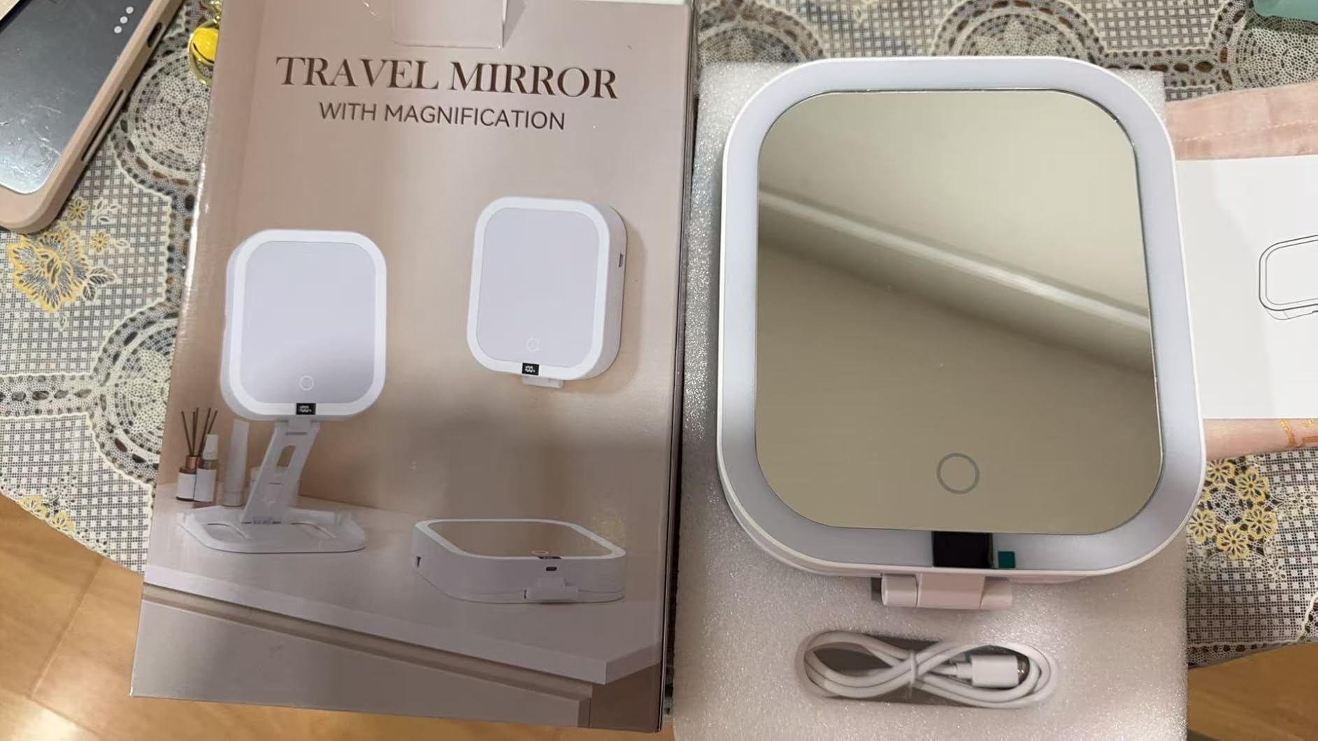 Travel Makeup Mirror with Lights, 10X/1X Magnifying Mirror, Adjustable Height Angle and Digital Power Display, 3 Colors Dimmable Rechargeable Led Compact Light, Foldable Portable for Travel customer photo 1
