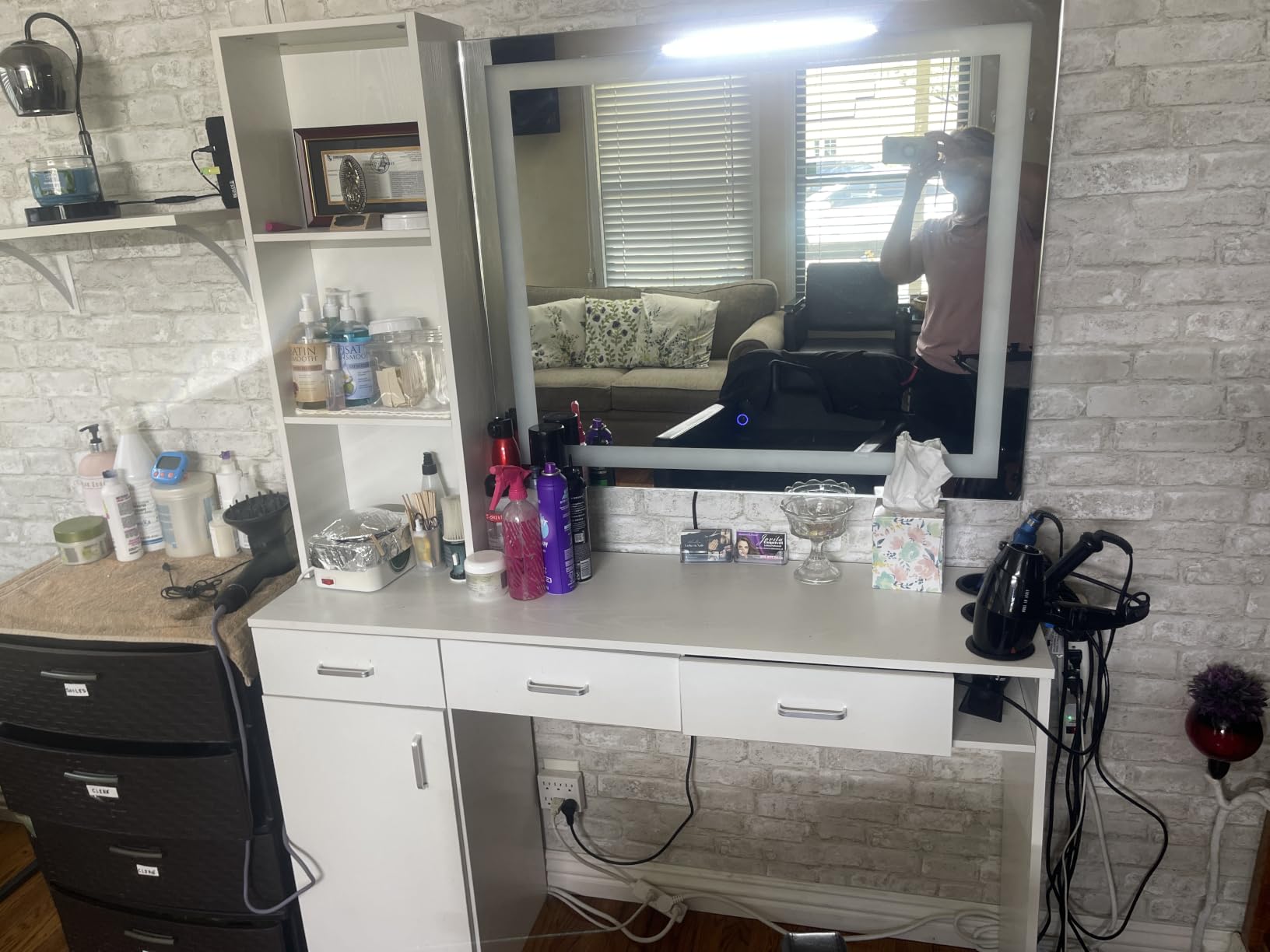 4ever2buy Salon Stations for Hair Stylist, Black Barber Hair Salon Station | 3 Hair Dryer Holder, 3 Drawers and 1 Cabinet, Mirror not Included, Black customer photo 1