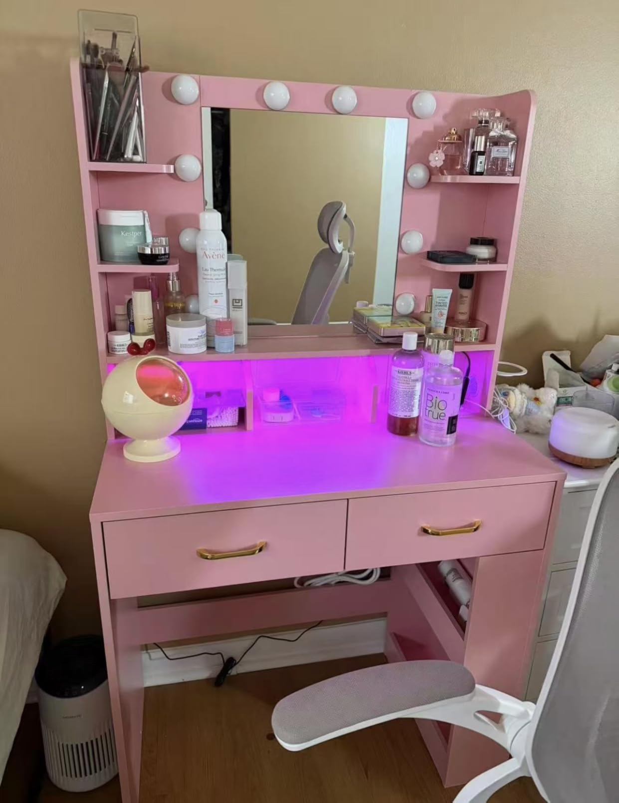 COMHOMA Vanity Desk with 3-Way Mirror and Lights, Makeup Vanity with 360° View Mirror, 3 Lighting Modes, 6 Drawers, Storage Cabinet Fluted Wood Vanity Table with Jewelry Hook for Women Girls customer photo 2
