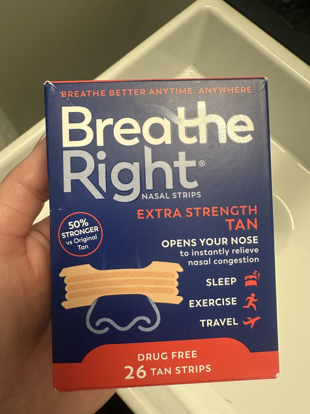 Breathe Right Nasal Strips, Extra Strength Tan Nose Strips, Drug-Free Nasal Congestion Relief for Better Breathing, Help Relieve Snoring, Caused by Colds & Allergies, Deviated Septum, 26ct customer photo 2