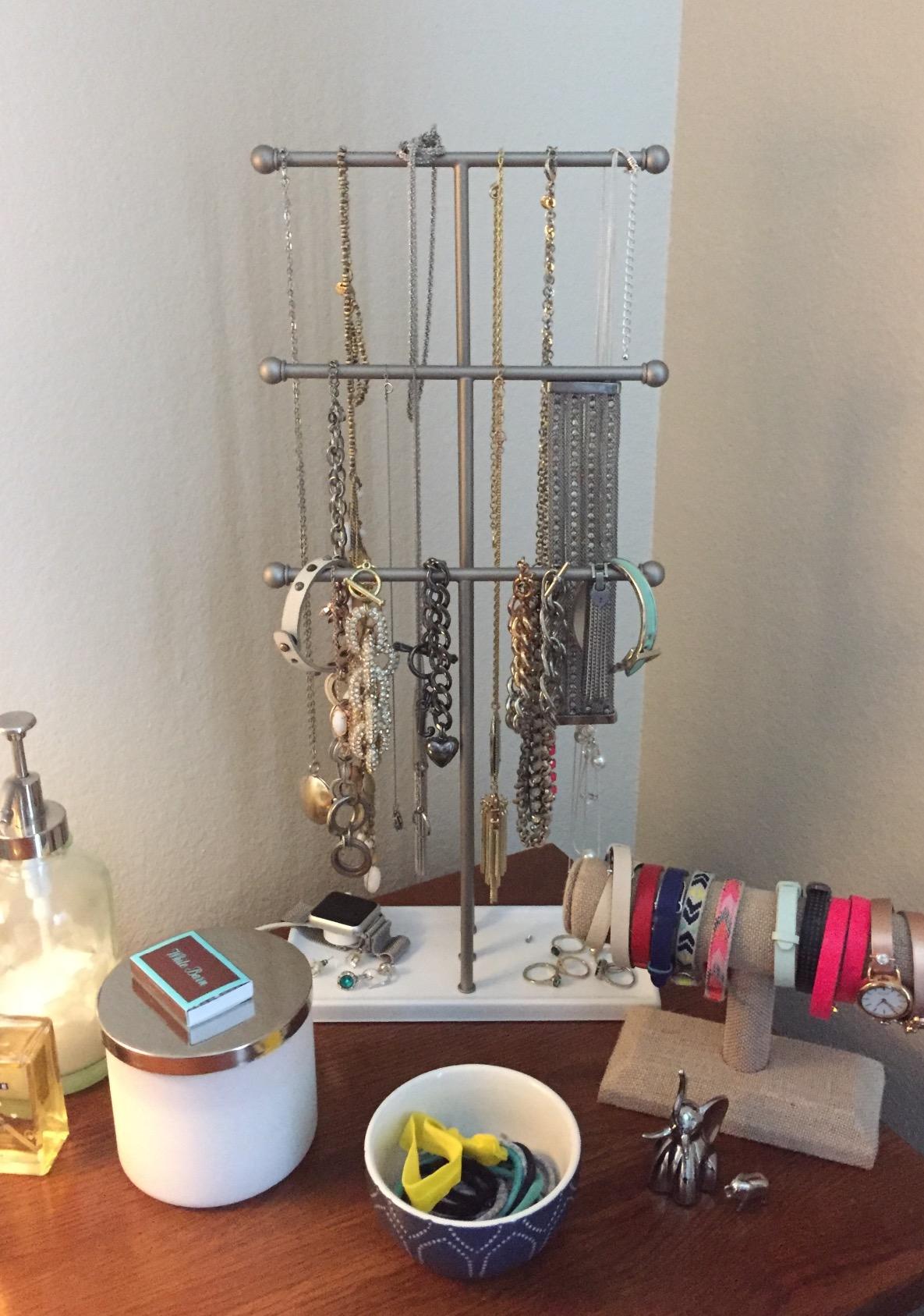 Umbra Trigem Jewelry Stand, Tiered Necklace Holder, Steel, White/Brass | Multi level design, tangle free solution, doubles as accessory tray, padded scratch protection, 19 inches tall customer photo 2