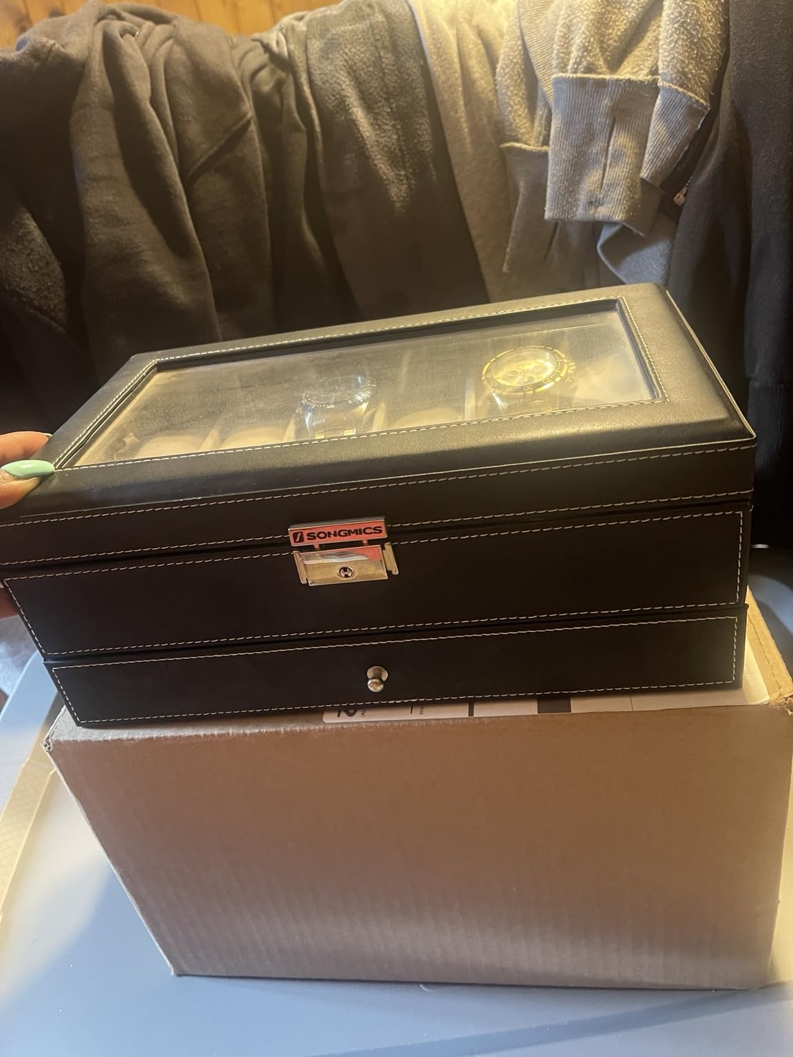 SONGMICS Watch Box, 12-Slot with Large Glass Lid, Black customer photo 1