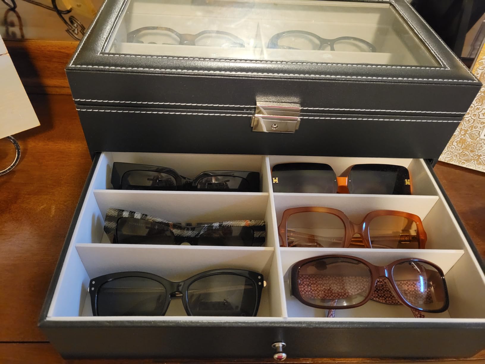 CO-Z Sunglasses Organizer with 12 Slots, Multiple Eyeglasses Eyewear Display Case for Women Men, 2 Story Leather Multi Sunglasses Jewelry Collection Holder with Drawer | PU leather, transparent acrylic top, lockable dustproof, for sunglasses watches jewelry, 12 compartments, black customer photo 2