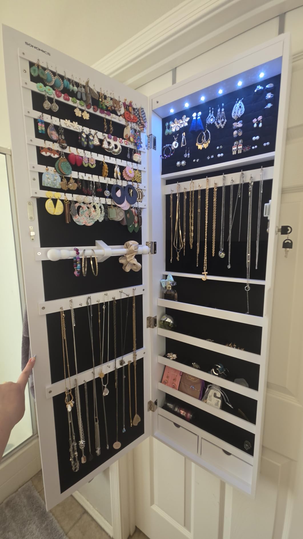 SONGMICS 6 LEDs Mirror Jewelry Cabinet, 47.2-Inch Tall Lockable Wall or Door Mounted Jewelry Armoire Organizer with Mirror, 2 Drawers, White UJJC93W customer photo 2