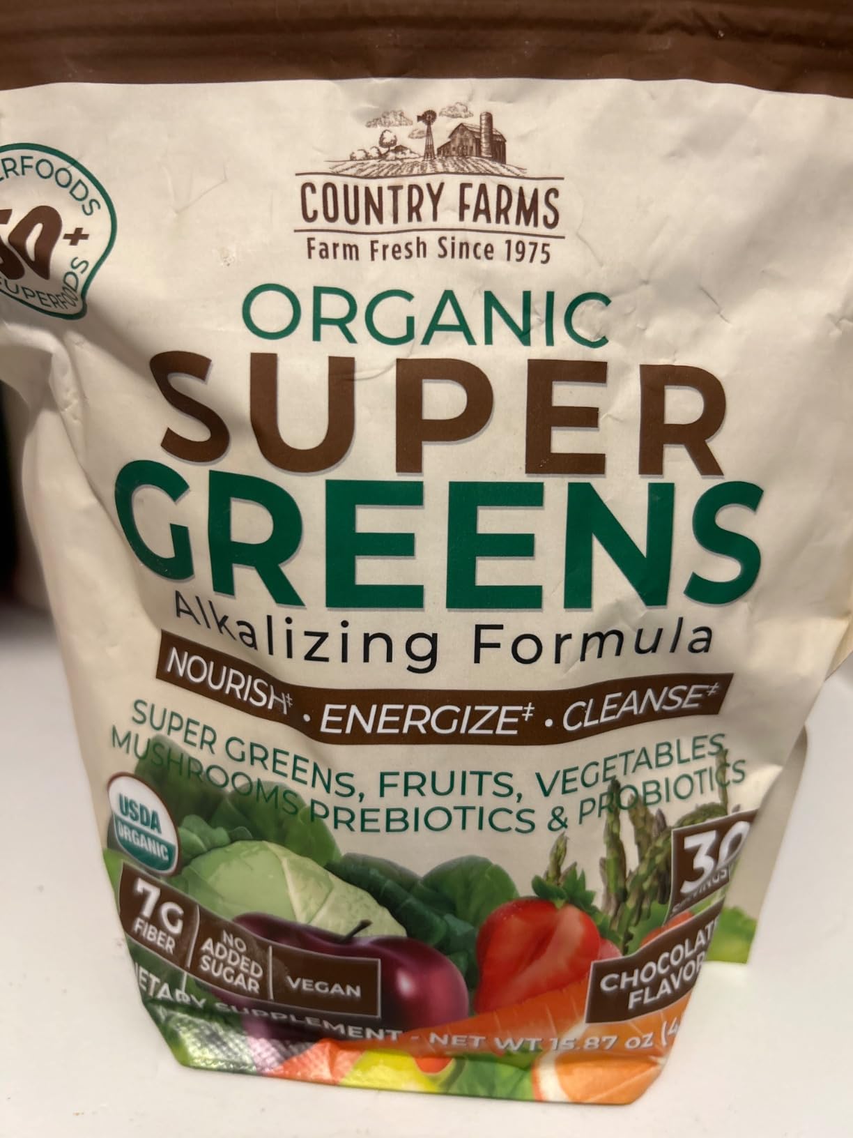 Country Farms Organic Super Greens Powder, Daily Greens Drink Mix with 50 Organic Superfoods, Fruits, Vegetables, Fiber, Mushrooms & Probiotics for Gut Health, Digestion & Energy, Chocolate Flavor customer photo 1