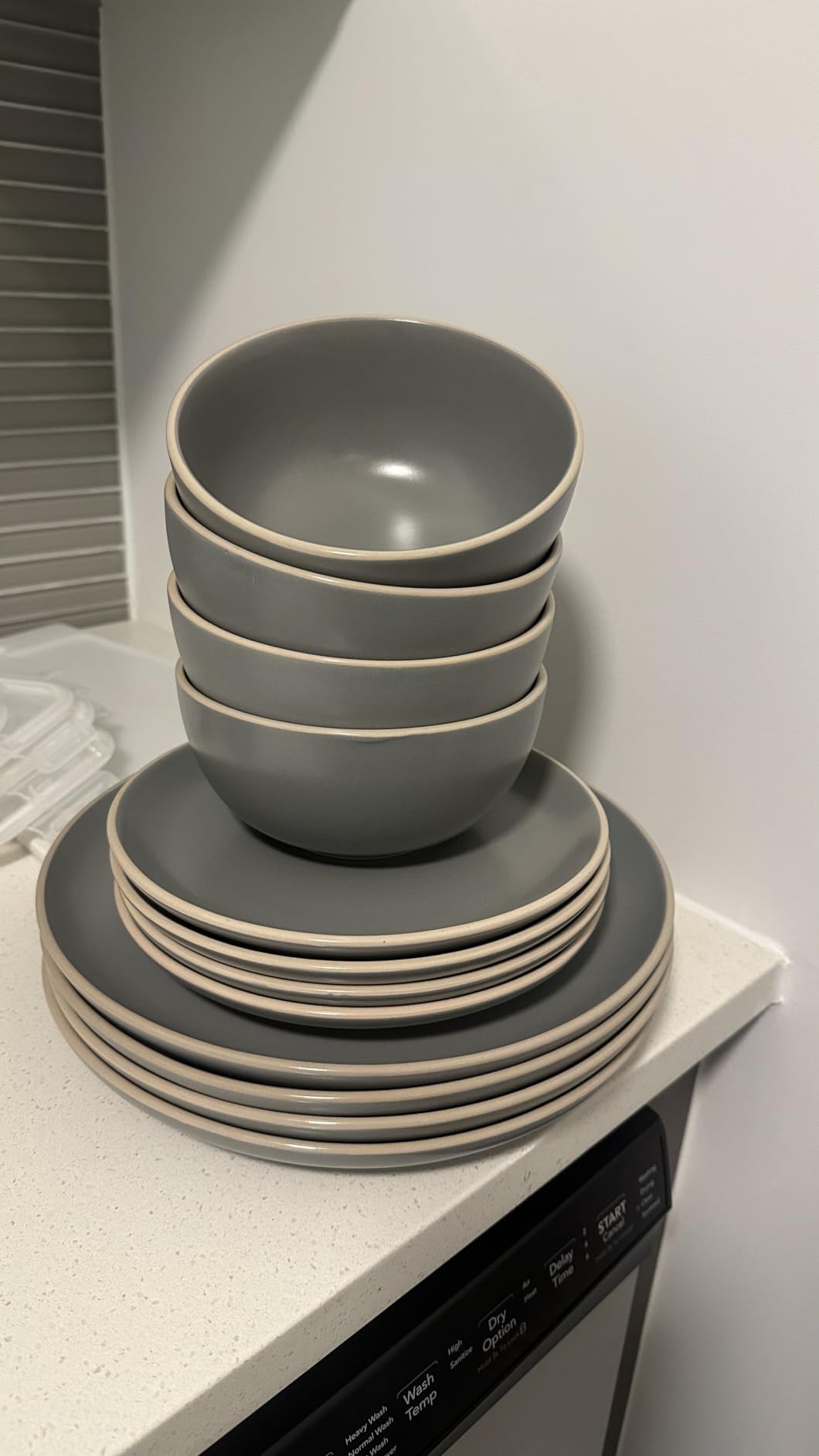 Gibson Home Rockaway 12-Piece Stoneware Dinnerware Set, Matte Finish, Service for 4, Modern Ceramic Plates and Bowls, Microwave & Dishwasher Safe - Soft Gray customer photo 2