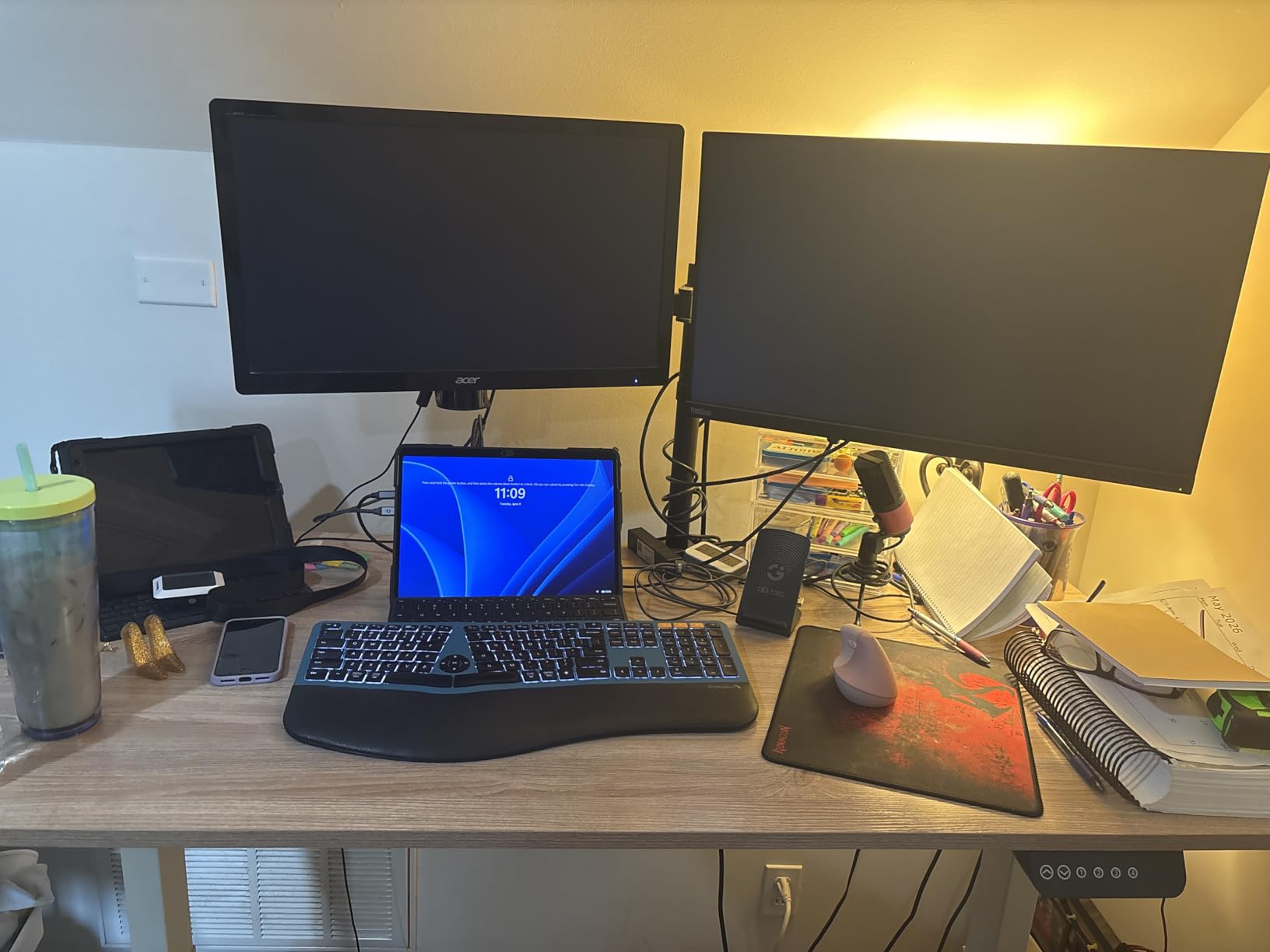 SHW 55 x 28 Inches Electric Height Adjustable Standing Desk with Drawer and Memory Preset, Maple customer photo 2