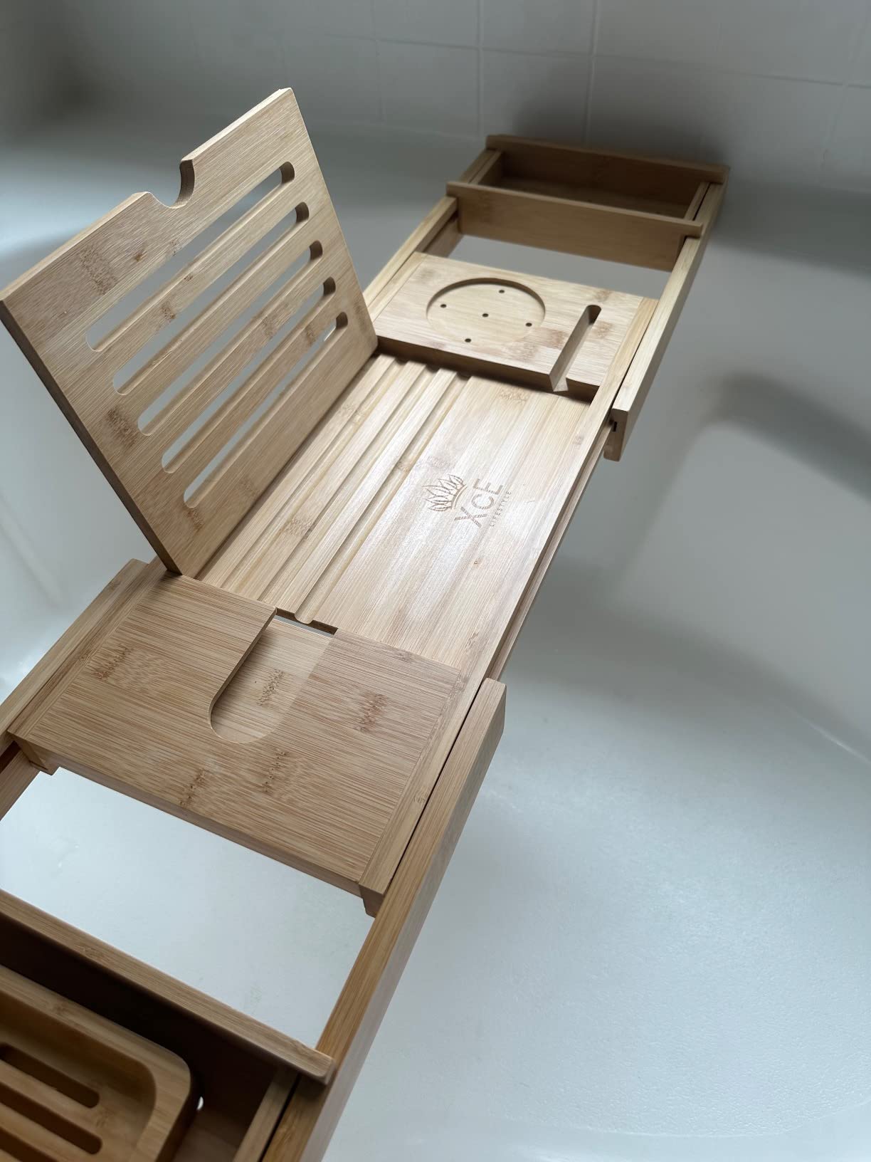 XcE Bamboo Bathtub Caddy Tray - Expandable to 41 Inches with Book Stand, Soap Holder & Anti-Slip Pads for Luxury Bath Spa, Brown customer photo 2