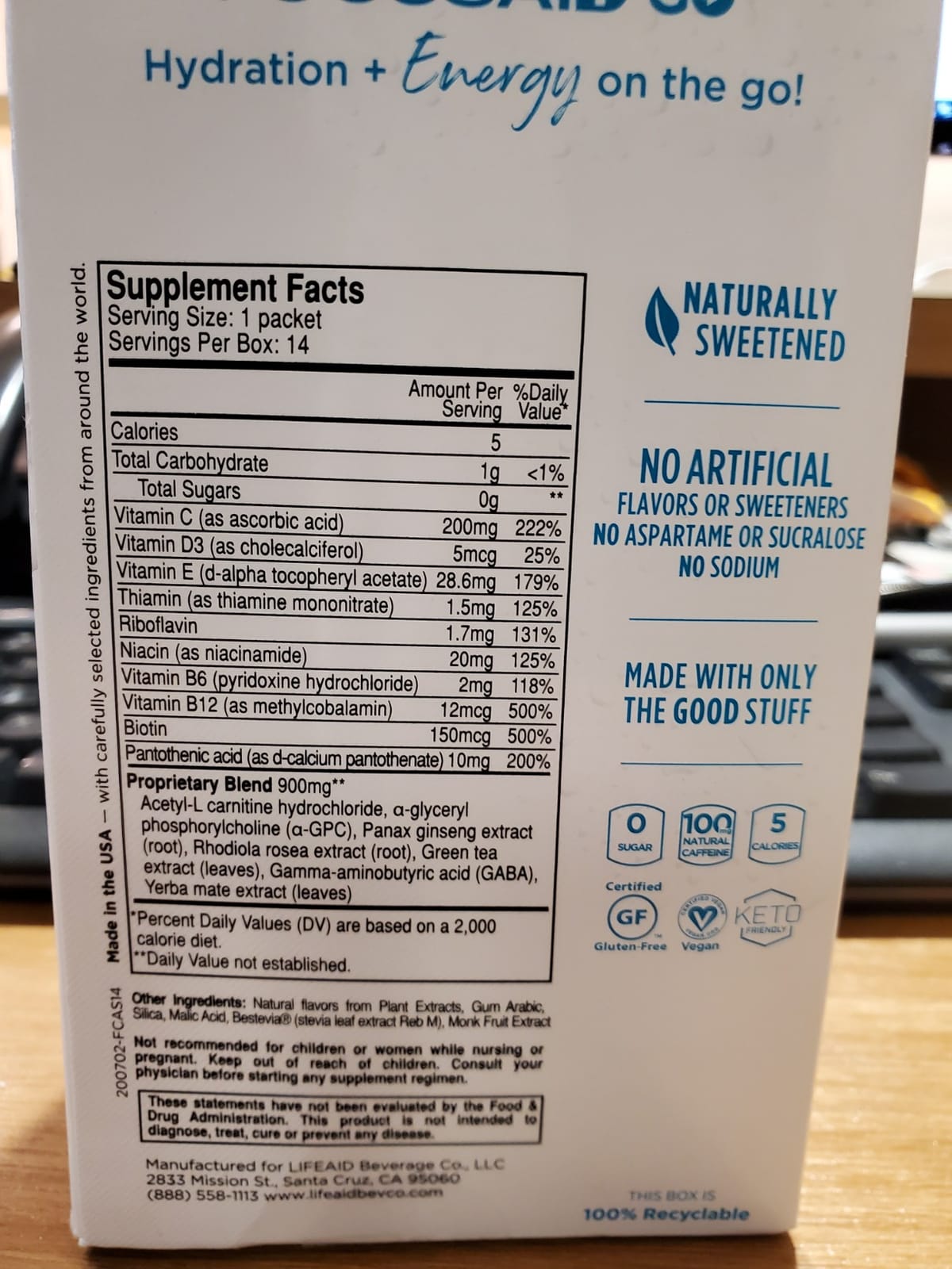 LIFEAID FOCUSAID GO Nootropics Energy Powder, Zero Sugar 100mg (14 Packets) | Zero sugar nootropics energy blend with Alpha-GPC, GABA, Yerba Mate, and 100mg natural green tea caffeine. Keto-friendly. customer photo 1