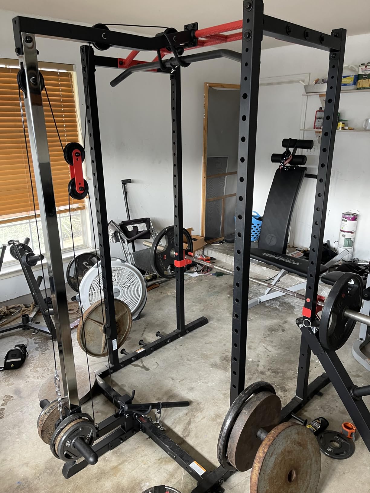 Sunny Health & Fitness Power Zone Strength Rack Power Cage - 1000 LB Weight Capacity, Spotter Bar, Angled Pull-Up Bar, J-Hooks, Resistance Band Pins, Optional LAT Pull Down customer photo 1