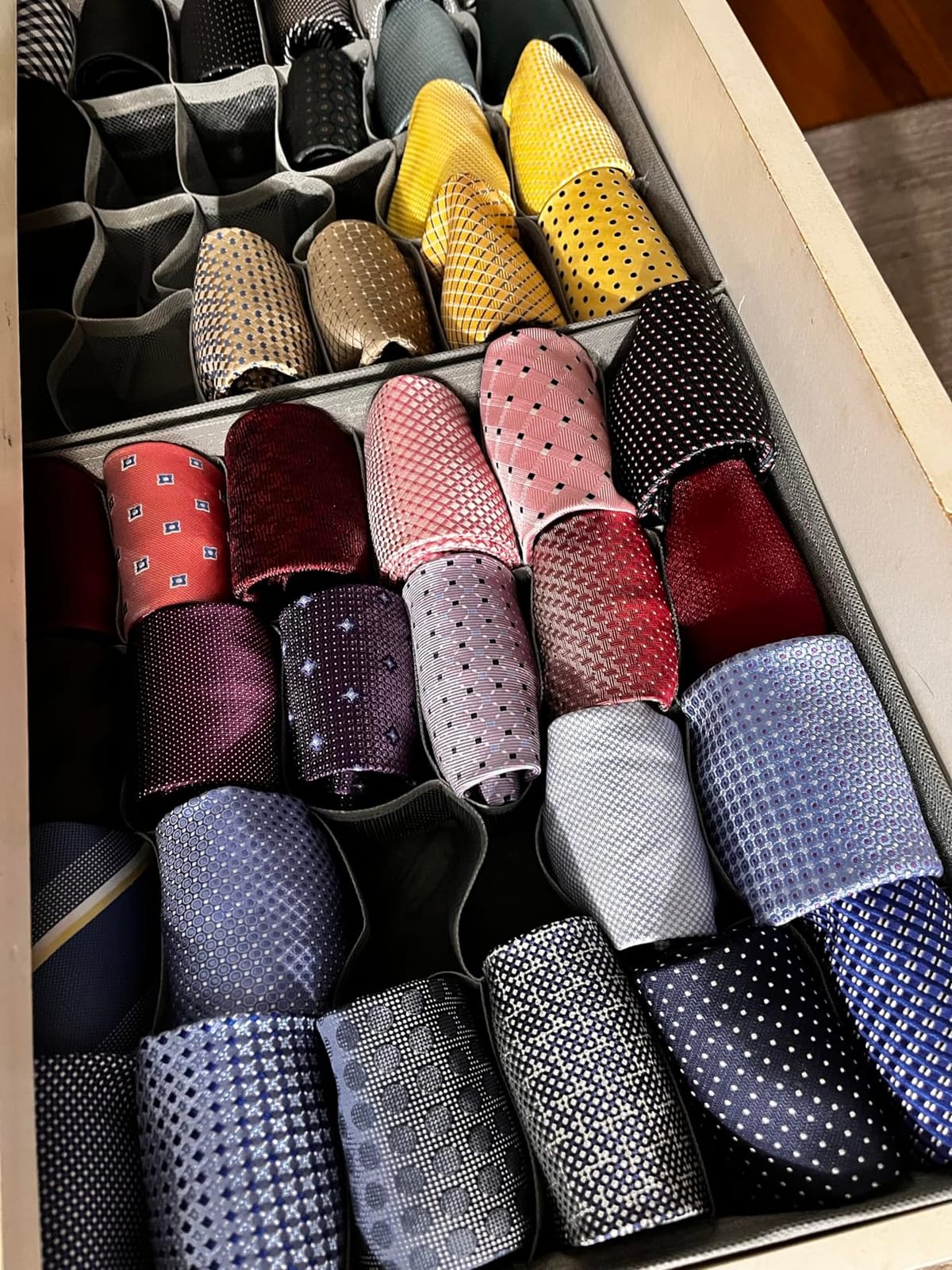 3 Pack Sock Underwear Drawer Organizer Dividers, 64 Cell Fabric Foldable Dresser Organizer for Closet Organizers and Storage Boxes for Organizing Socks, Underwear, Ties (16+24+24 Cell, Gray) customer photo 1