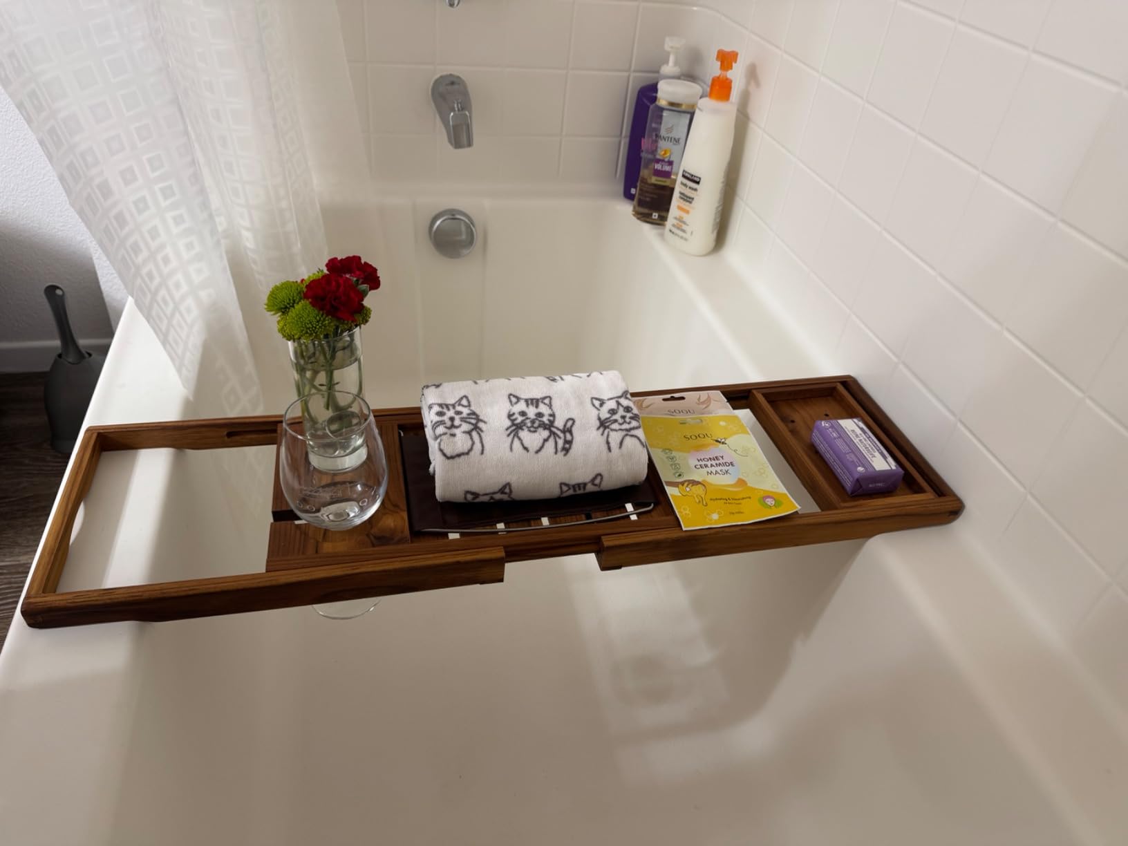 Utoplike Teak Bathtub Caddy, Expandable Bath Table Tray for Tub | Solid Wooden Bathtub Organizer with Book Tablet, Wine Glass Cup, Towel Holder, Adjustable customer photo 1
