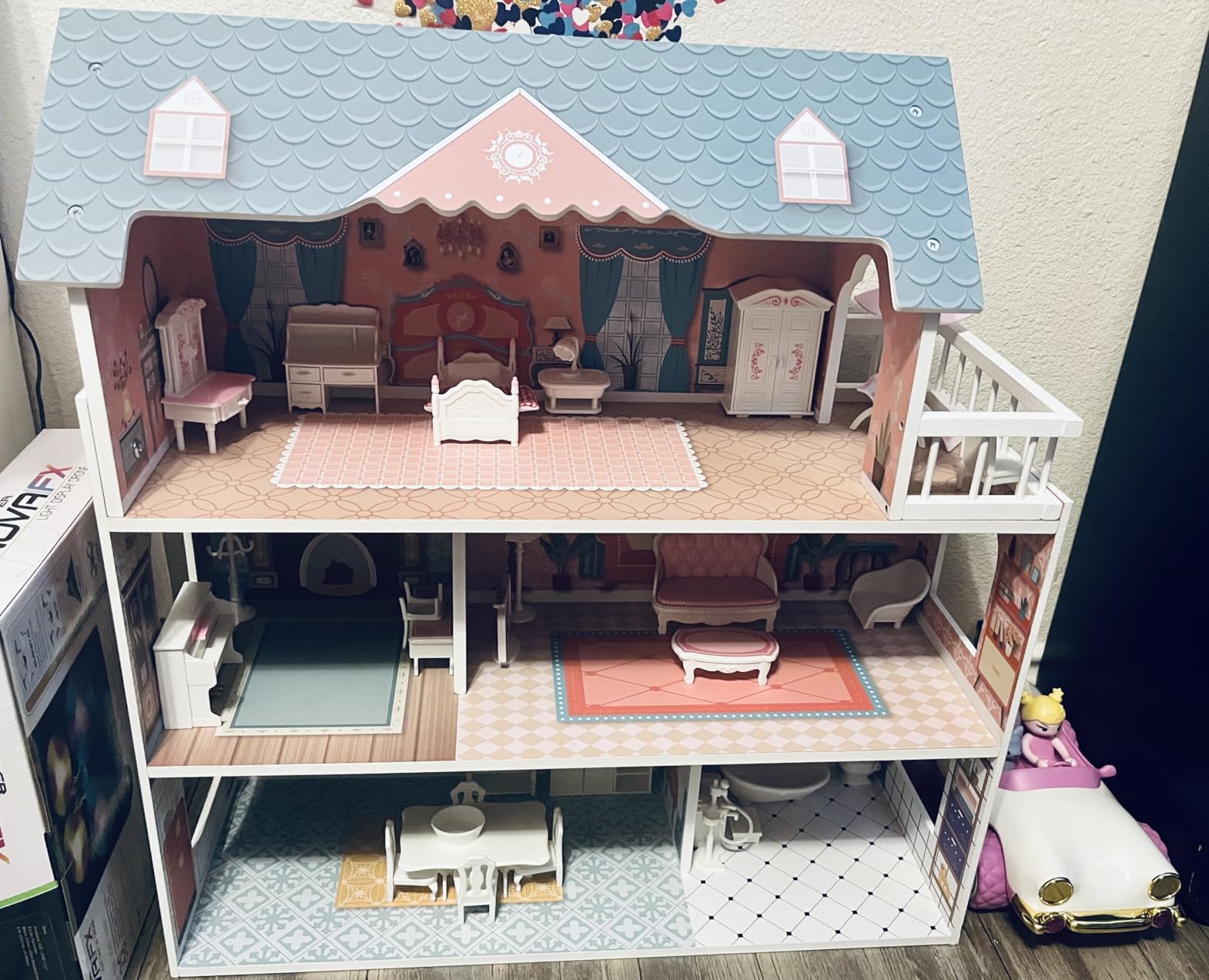 ROBUD Wooden Dollhouse with Furniture Blue for Girls 3-6 | 3-level 6-room design, 31pcs furniture set, smooth edges, durable wood, pretend play, kids gift customer photo 1