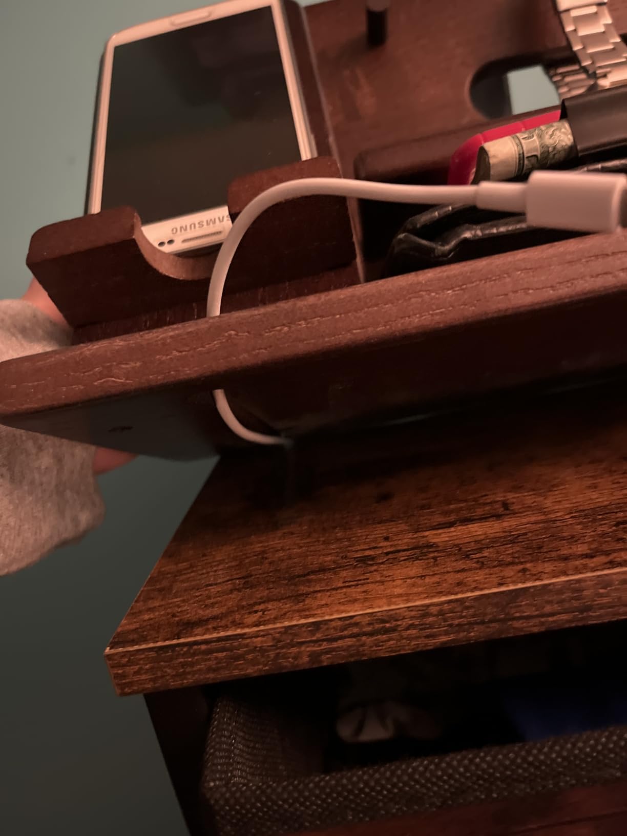 TESLYAR Wood Phone Docking Station for Men - Desk or Nightstand Organizer (Bourbon Brown) customer photo 2