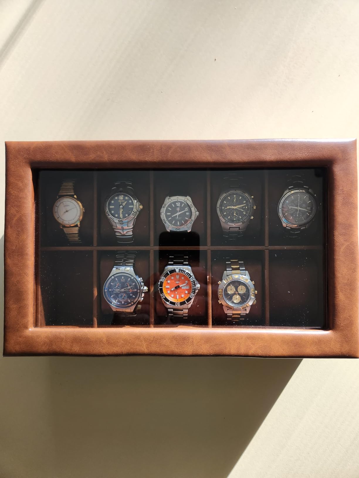 ROTHWELL 10 Slot Leather Watch Box - Luxury Case Display Jewelry Organizer - Locking Watch Display Case Holder with Large Glass Top - Box Organizer for Men and Women (Tan/Brown) customer photo 1