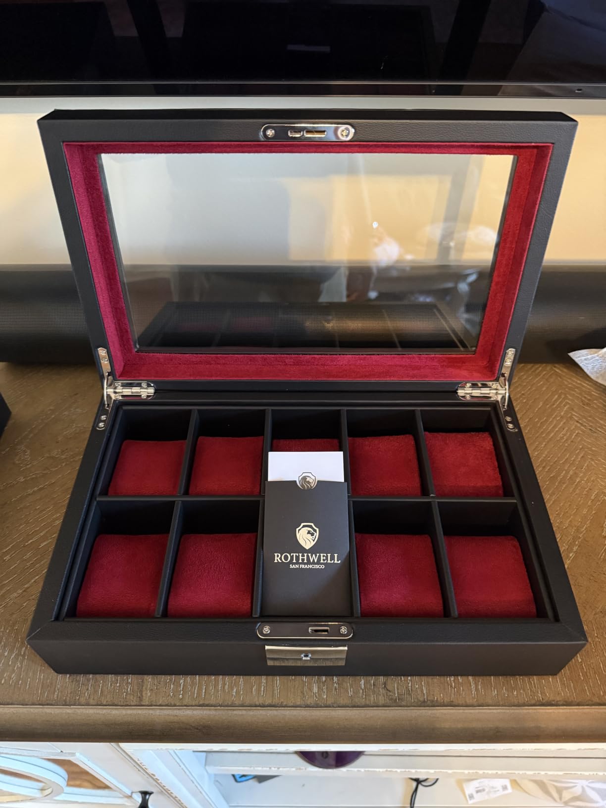 ROTHWELL 10 Slot Leather Watch Box - Luxury Case Display Jewelry Organizer - Locking Watch Display Case Holder with Large Glass Top - Box Organizer for Men and Women (Tan/Brown) customer photo 2