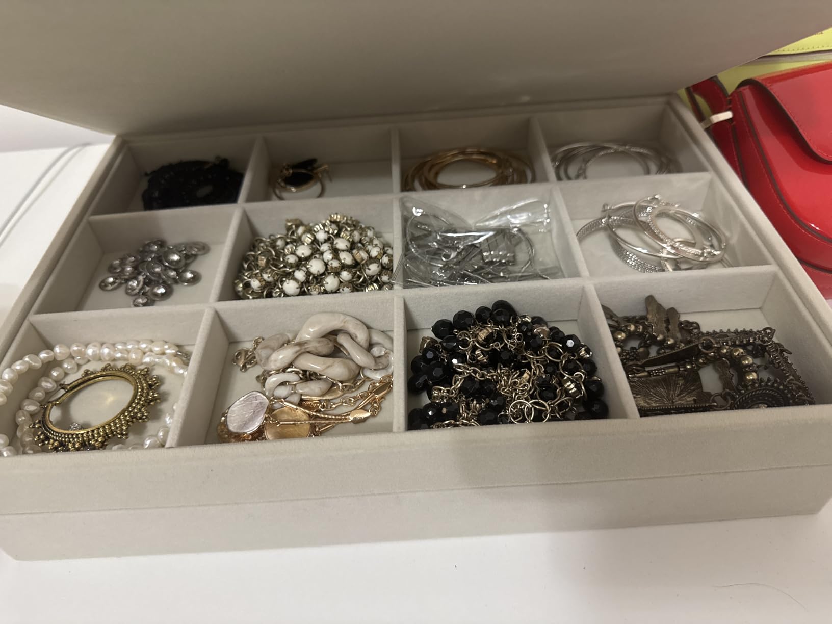 Coward Stackable Jewelry Trays Organizer Set with Clear Lid, Trays for Drawer, Earring Necklace Bracelet Ring Display Organizer (beige(ring+12girds+30girds+The glass lid)) customer photo 2