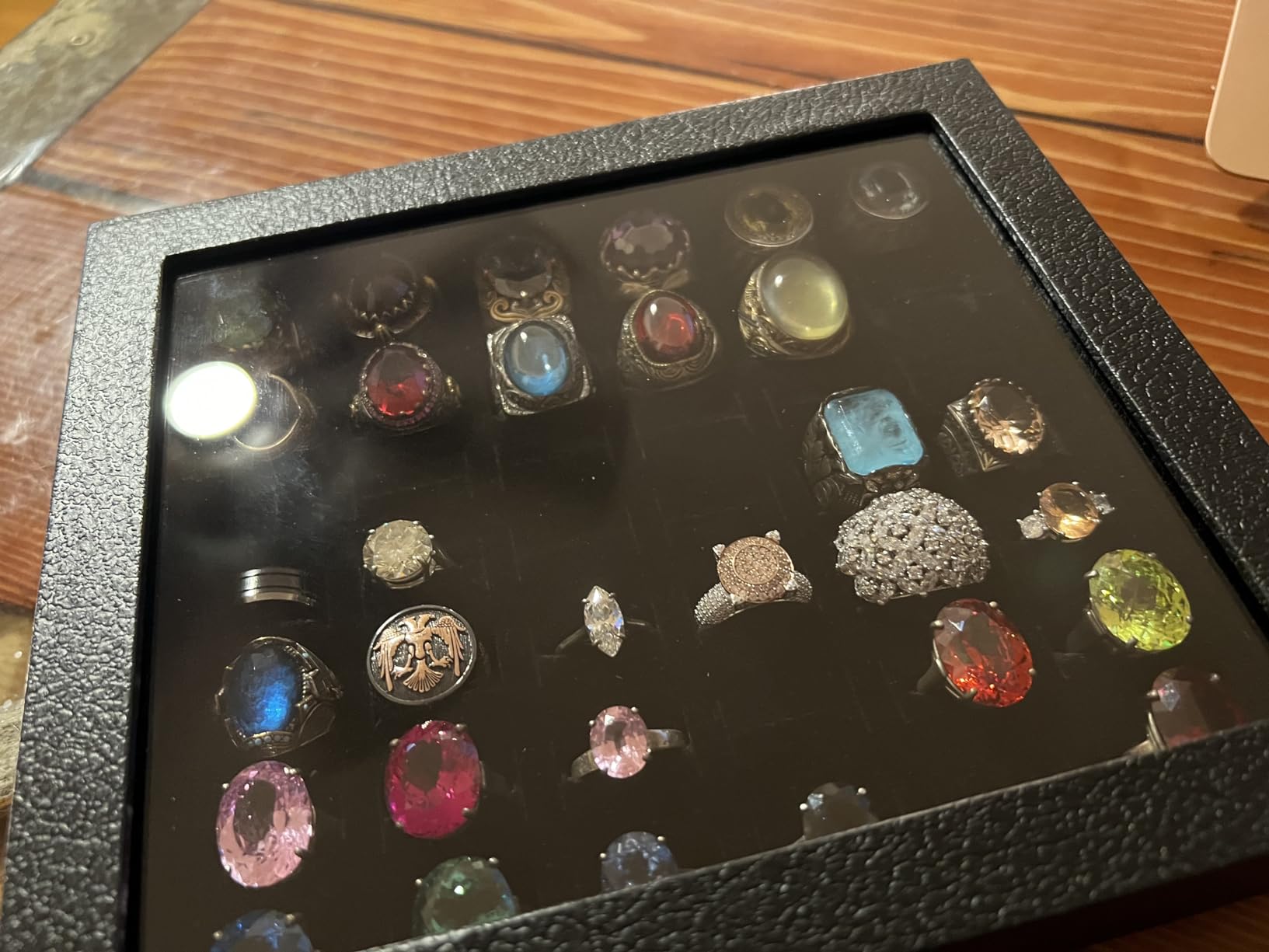Pangkeep Ring Organizer Display Case,Black Jewelry Storage Tray Boxes for Multiple Rings,Glass Lid,Stackable. (42 Slots) customer photo 1