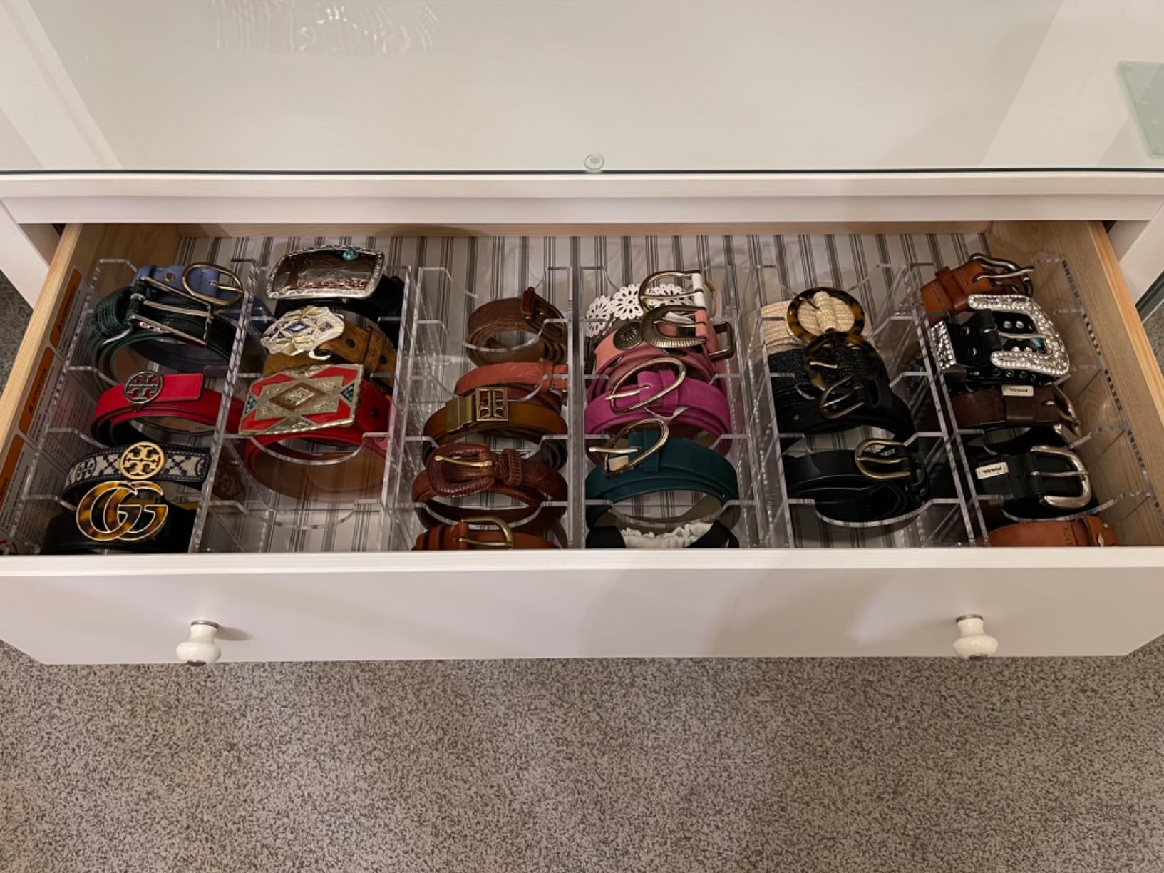 NIUBEE Belt Organizer for Closet, Acrylic Belt Box, Belt Storage, 7 Grids | Clear Belt Organizer for Women Men, Belt Storage Holder for Drawer, Belt Rack, Belt and Tie Organizer for Closet, Jewelry Box customer photo 2