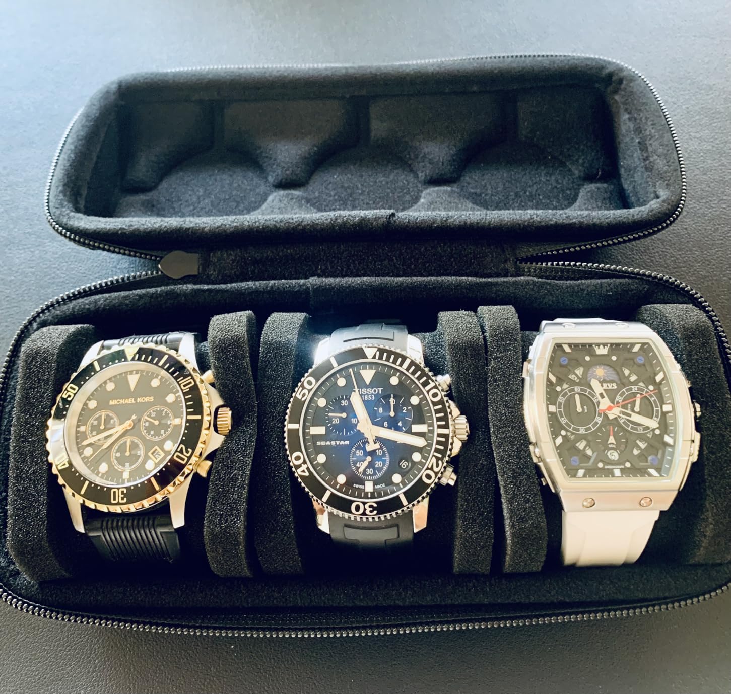 3 Slot Hard Watch Travel Case, Watch Roll Case Storage and Organizer for Men and Women, with anti-move watch pillow (Black fabric 3Slots) customer photo 2