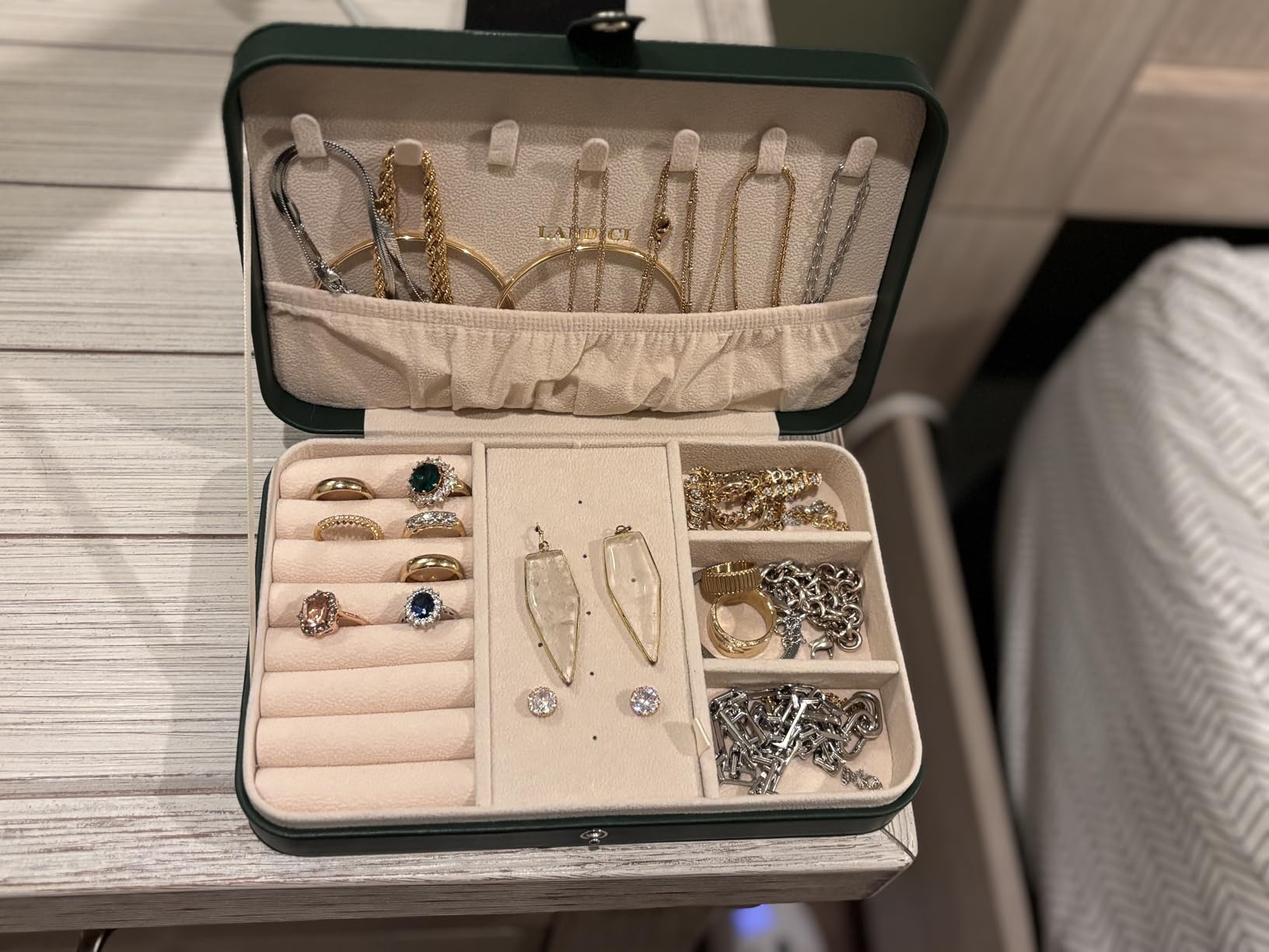 LANDICI Small Jewelry Box for Women Girls, PU Leather Travel Jewelry Case, Portable Jewelry Organizer Storage Holder Display for Ring Earrings Necklace Bracelet Brooch Men Kids Gift, Apricot customer photo 1