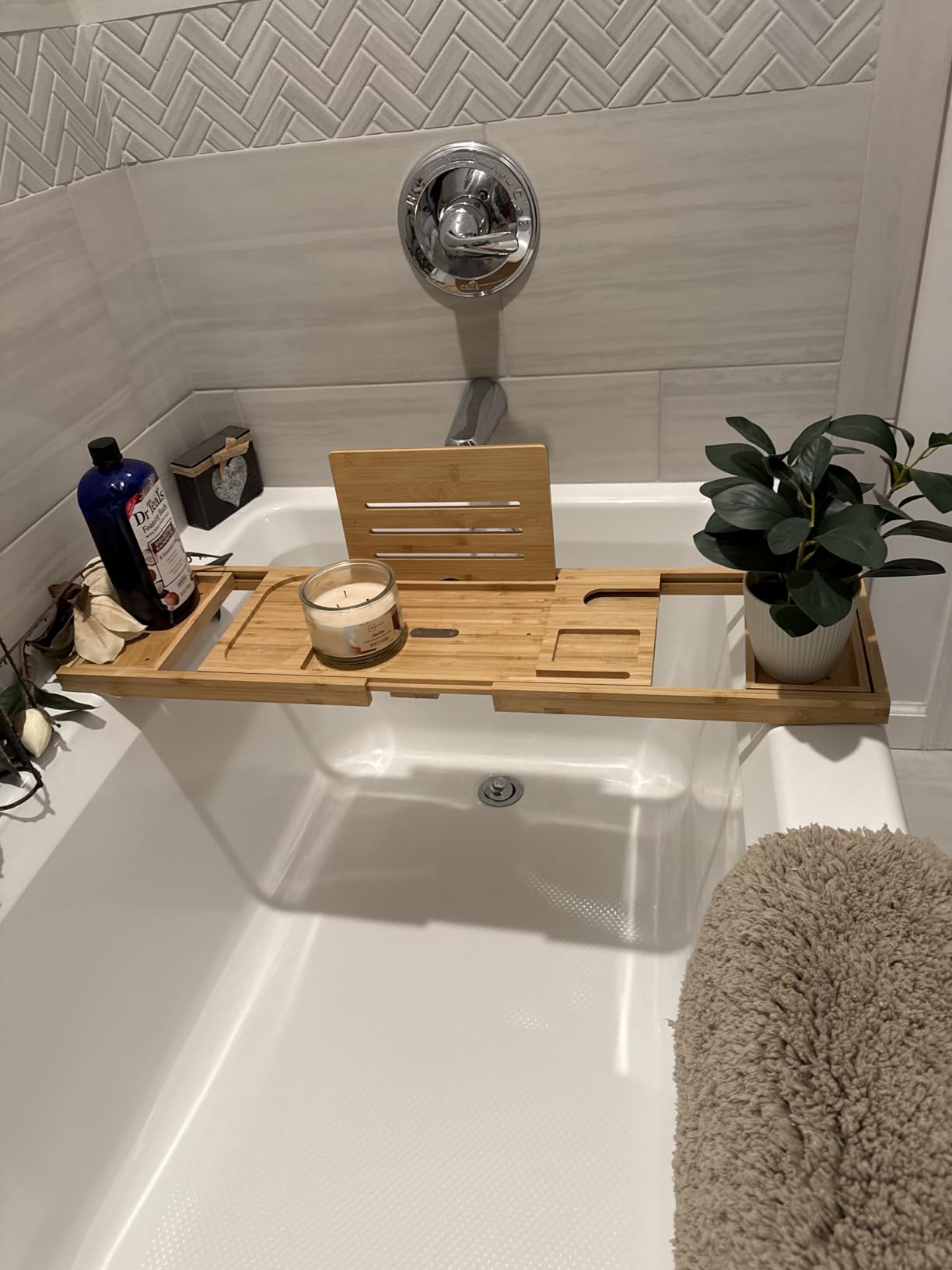 Bamboo Bath Tray, Foldable Premium Bath Caddy, Adjustable Bath Board with Book Rest, Extendable Wooden Tray Bath Shelf - Fits Most Bath Sizes customer photo 2
