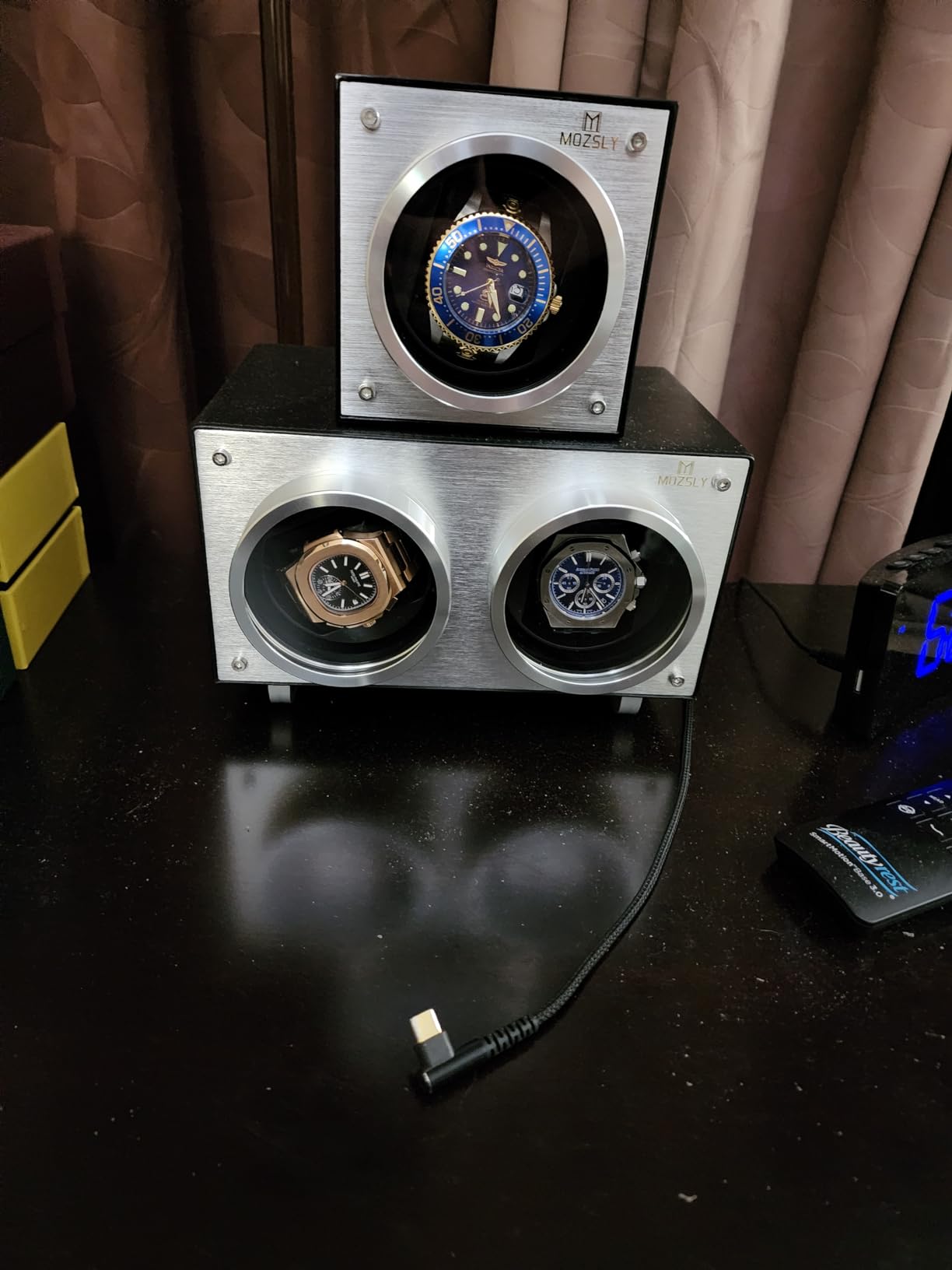 MOZSLY Double Watch Winder for Automatic Watches with Quiet Motor 12 Rotation Mode Setting AC Adapter or Battery Powered PU Leather customer photo 1