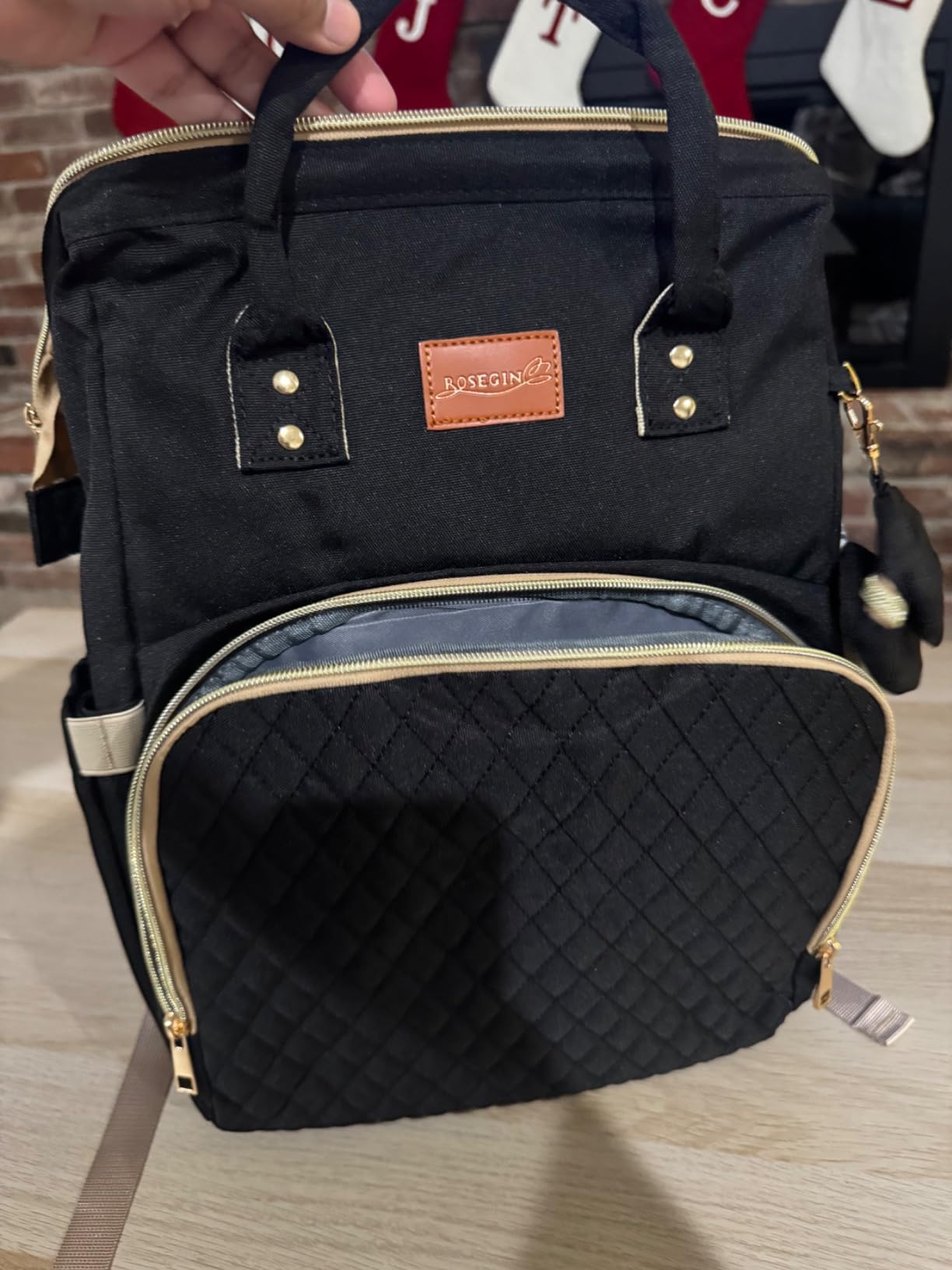 ROSEGIN Diaper Bag Backpack with Changing Pad Pacifier Case, Baby Bag for Boy Girl Toddler - Large, Stylish, Waterproof Travel Quilted Diaper Bag for Mom - Baby Shower Gifts, Black customer photo 2