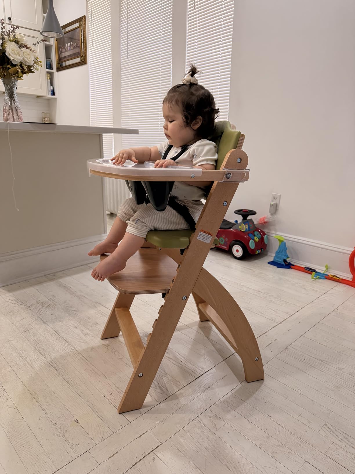 Abiie Beyond Junior Convertible Wooden High Chair with Removable Tray | 3-in-1 Adjustable Highchair for Babies & Toddlers, Fits 6 Mos to 250 lbs, Water-Resistant, Natural Wood w/ Grey Cushion customer photo 1