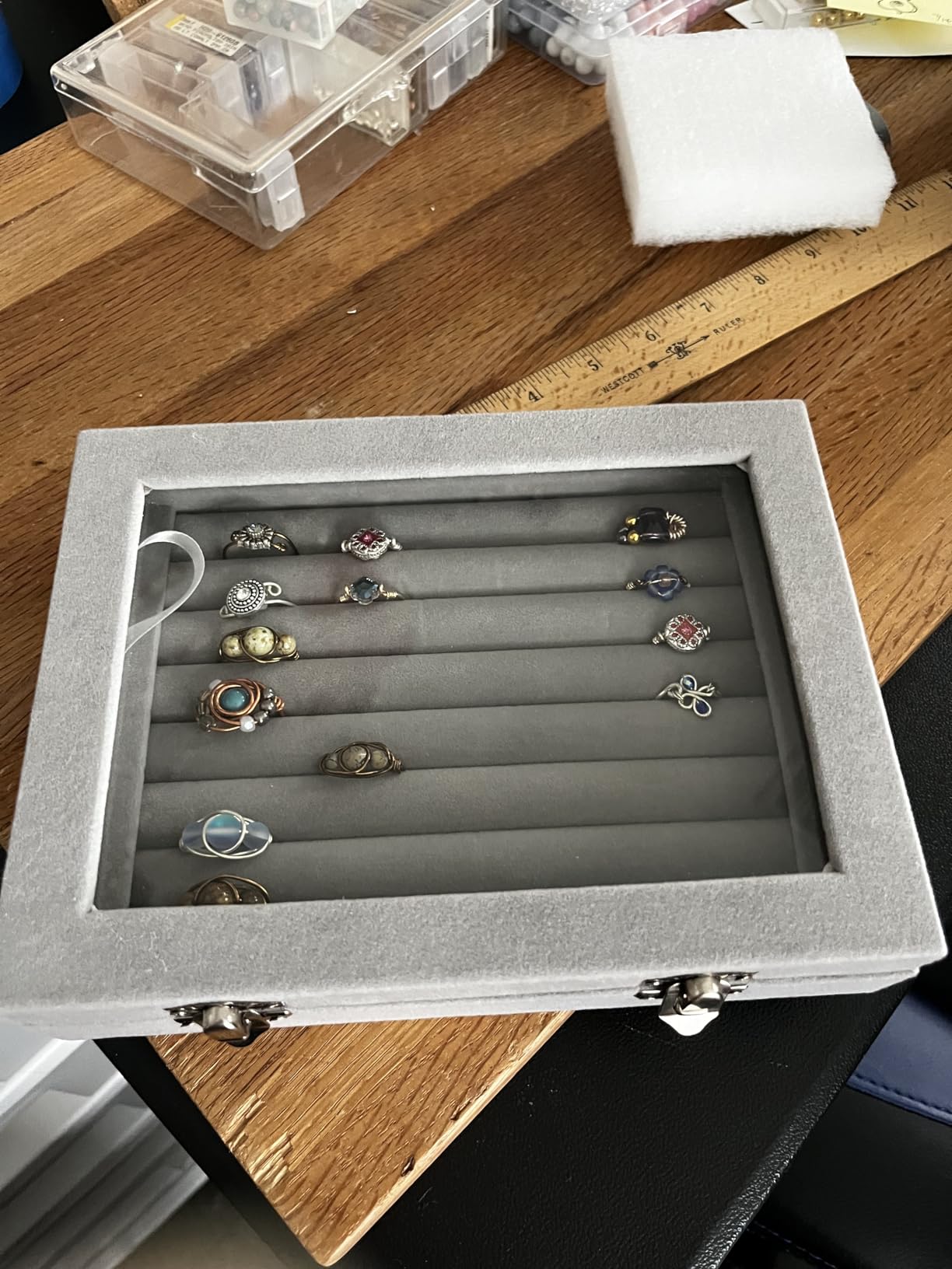 Vicoter Rings Organizer Tray 7 Slots Velvet Jewelry Earring Storage Box | Jewelry Display Case with Transparent Lid for Girls Wife Mom Women (Beige) customer photo 1