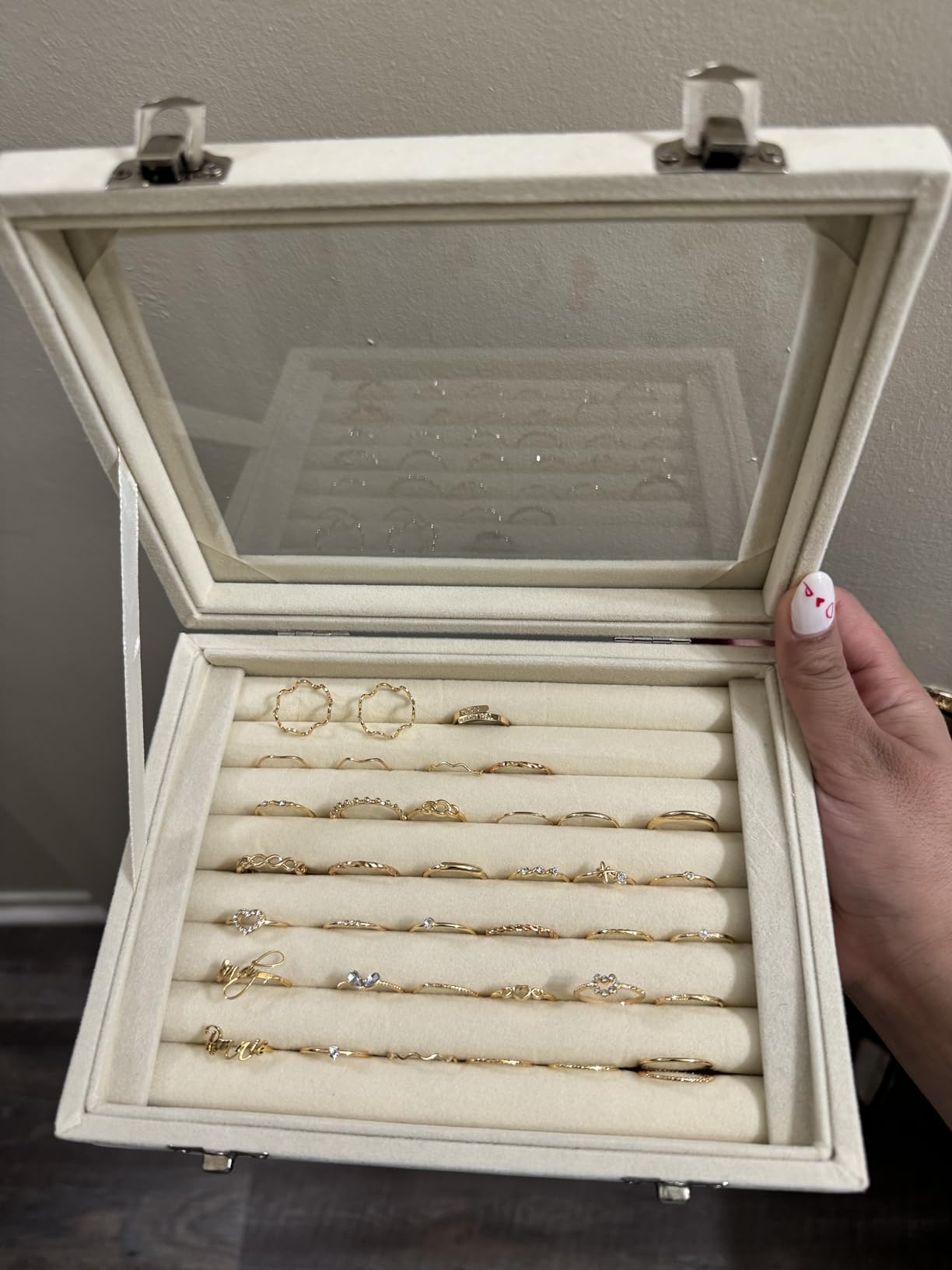 Vicoter Rings Organizer Tray 7 Slots Velvet Jewelry Earring Storage Box | Jewelry Display Case with Transparent Lid for Girls Wife Mom Women (Beige) customer photo 2
