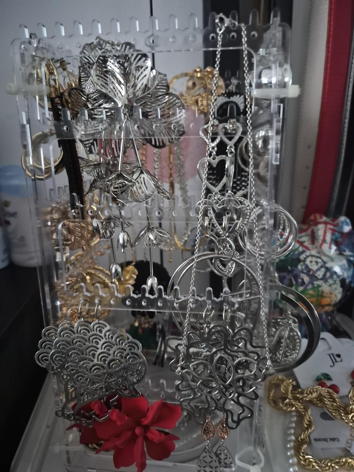 17Dec 360 Rotating Earring Holder Organizer Stand, 5 Tiers Acrylic Jewelry Organizers and Storage, Stud Earring Organizers and Storage, 212 Holes and 212 Grooves for Earrings Necklaces chain bracelet customer photo 1