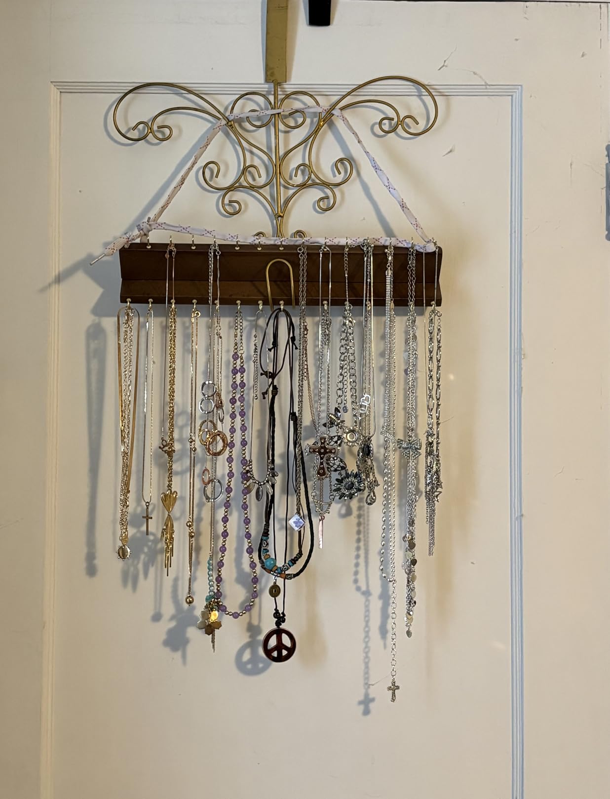 YYILIS Necklace Holder, Upgraded Extra Large Wall Necklace Organizer | 30 Hooks Wall Mounted Necklace Hanger with Jewelry Tray / Cosmetics Shelf Rustic Pine Wood Holder (White) customer photo 1