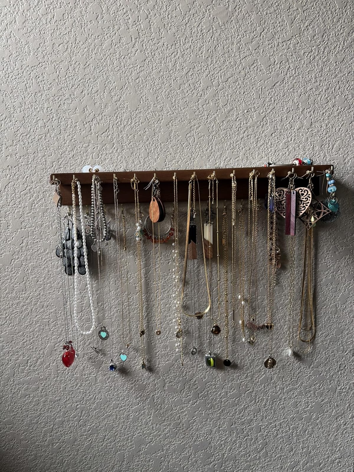 YYILIS Necklace Holder, Upgraded Extra Large Wall Necklace Organizer | 30 Hooks Wall Mounted Necklace Hanger with Jewelry Tray / Cosmetics Shelf Rustic Pine Wood Holder (White) customer photo 2