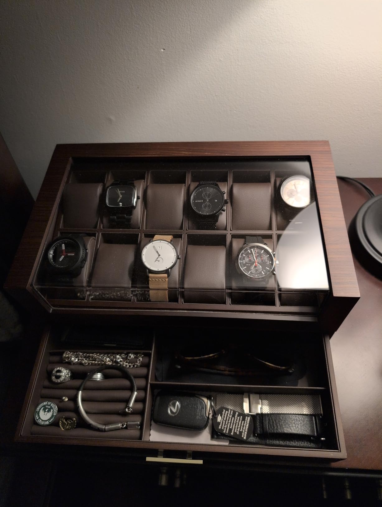High End Watch Box for Men, 12 Slot Wooden Watch Case With Drawer, Watch Display Box with Glass Lid, 2-Layer Watch Holder for Jewelry and Watch Storage for Men Women, Ideal for Gift (With Gift Box) customer photo 1