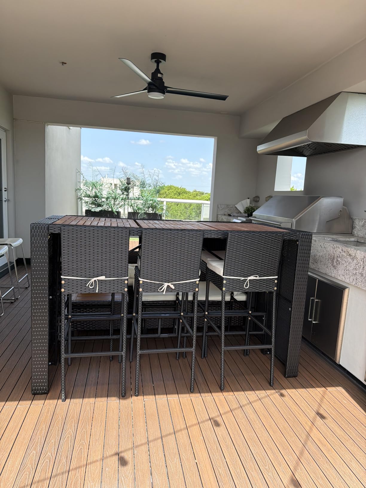 Yaheetech 7 Piece Patio Dining Set Outdoor Acacia Wood Bar Table and Chairs | with Removable Cushions, Wicker Furniture Set for Deck, Backyard, Garden, Black/Beige customer photo 2
