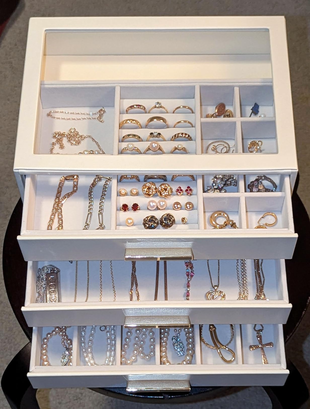 VLANDO Jewelry Box for Women, Glass Lid Jewelry Organizer with 3 Drawers for Necklaces Rings Earrings Bracelets Mother Day Gift for Mom - Cloud White customer photo 1