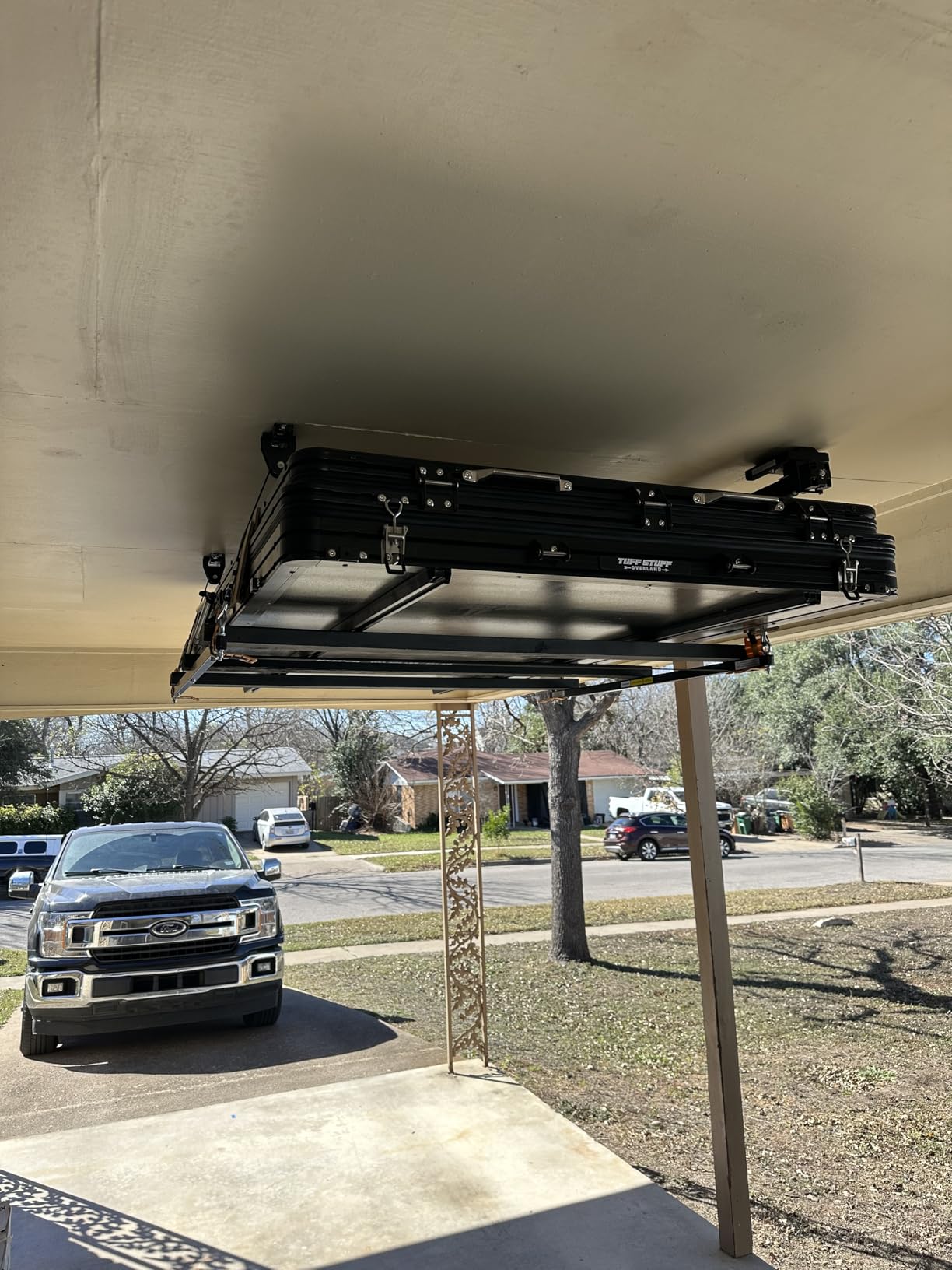 FLEXIMOUNTS GL1 Overhead Garage Lifting Storage Rack, 4x4 Ft Heavy-Duty Metal Garage Ceiling Rack, Adjustable Organization System With 71''L Axle, 350lbs Weight, Black customer photo 1