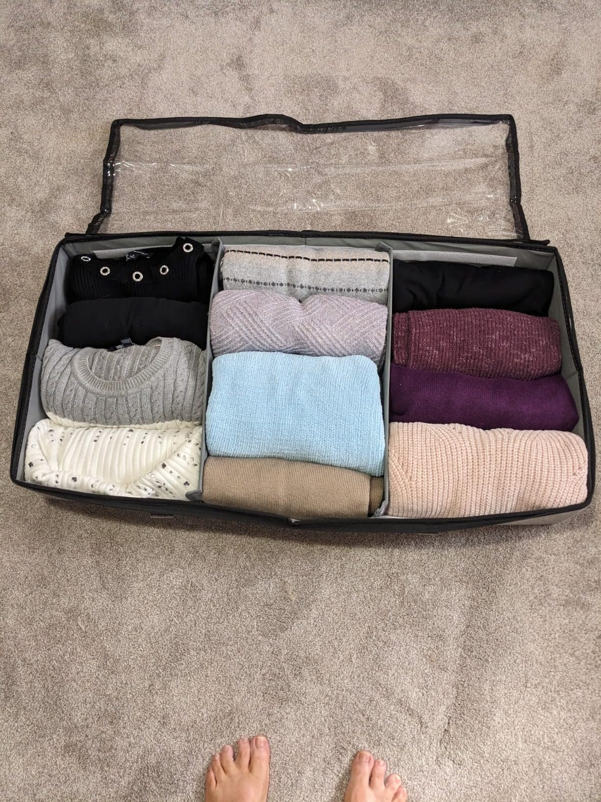 Side-Supported Under Bed Storage Containers, 6 Inches Tall 60L Underbed Storage Bins with Sturdy Handles and Sidewalls, Closet Organizer for Clothes, Blankets, Seasonal Items, Beige, 2-Pack customer photo 1