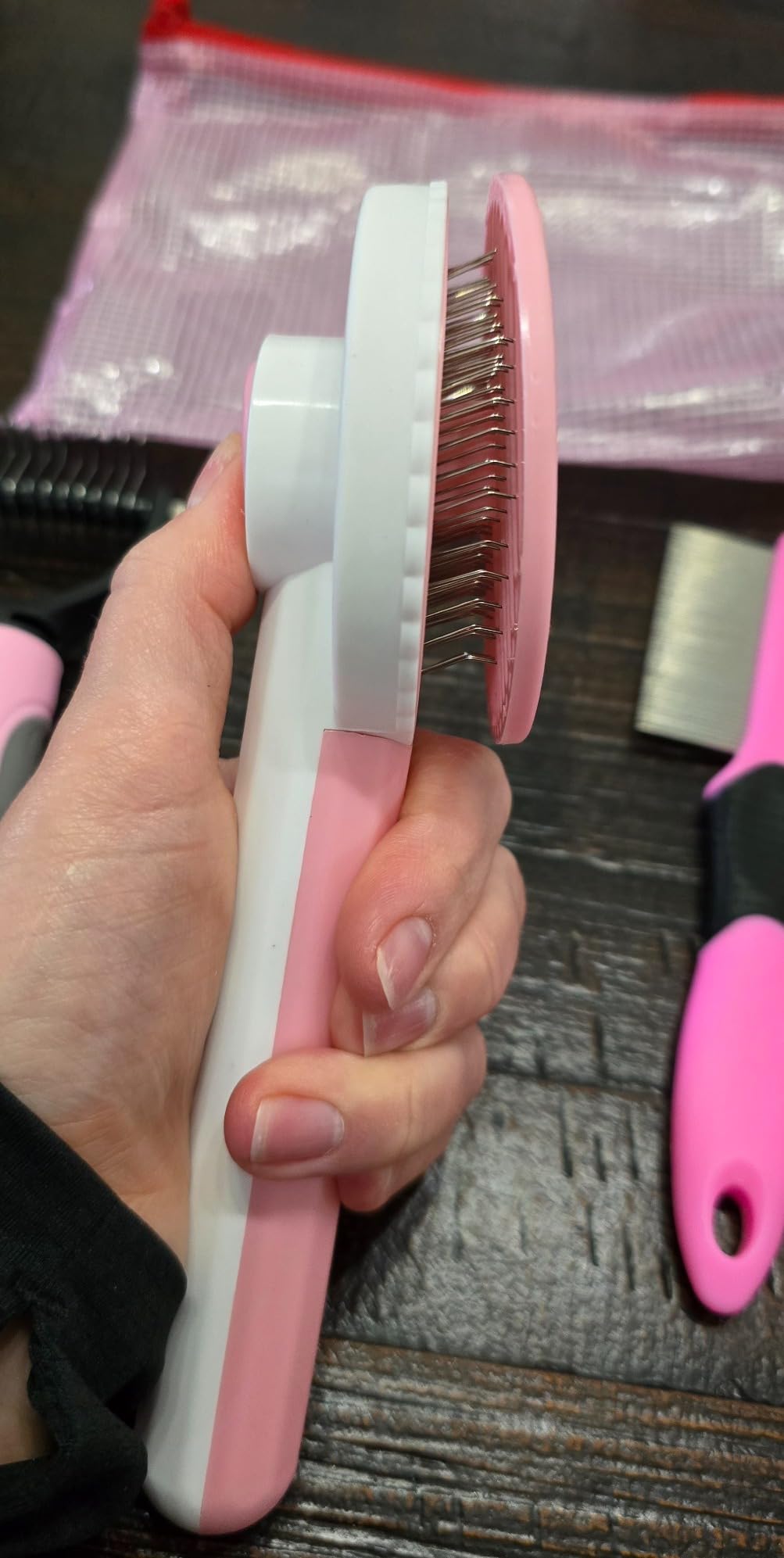 Grooming Kit for Indoor Long-Haired Cats - Self-Cleaning Brushes for Shedding and Matted Fur, Flea Comb Set, Pink customer photo 1