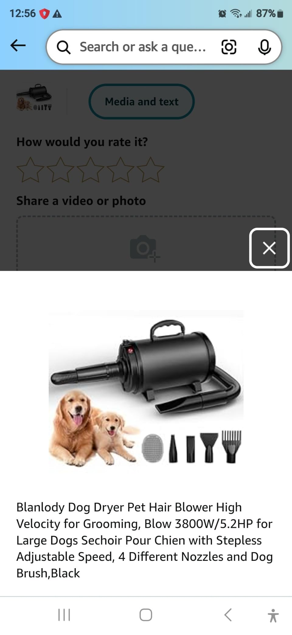 Dog Hair Dryer, High Velocity Pet Blower Grooming Dryer, Black | Dog Blow Dryer, 3800W/5.2HP for Large Dogs, Stepless Adjustable Speed, 4 Different Nozzles, Dog Brush Included customer photo 2
