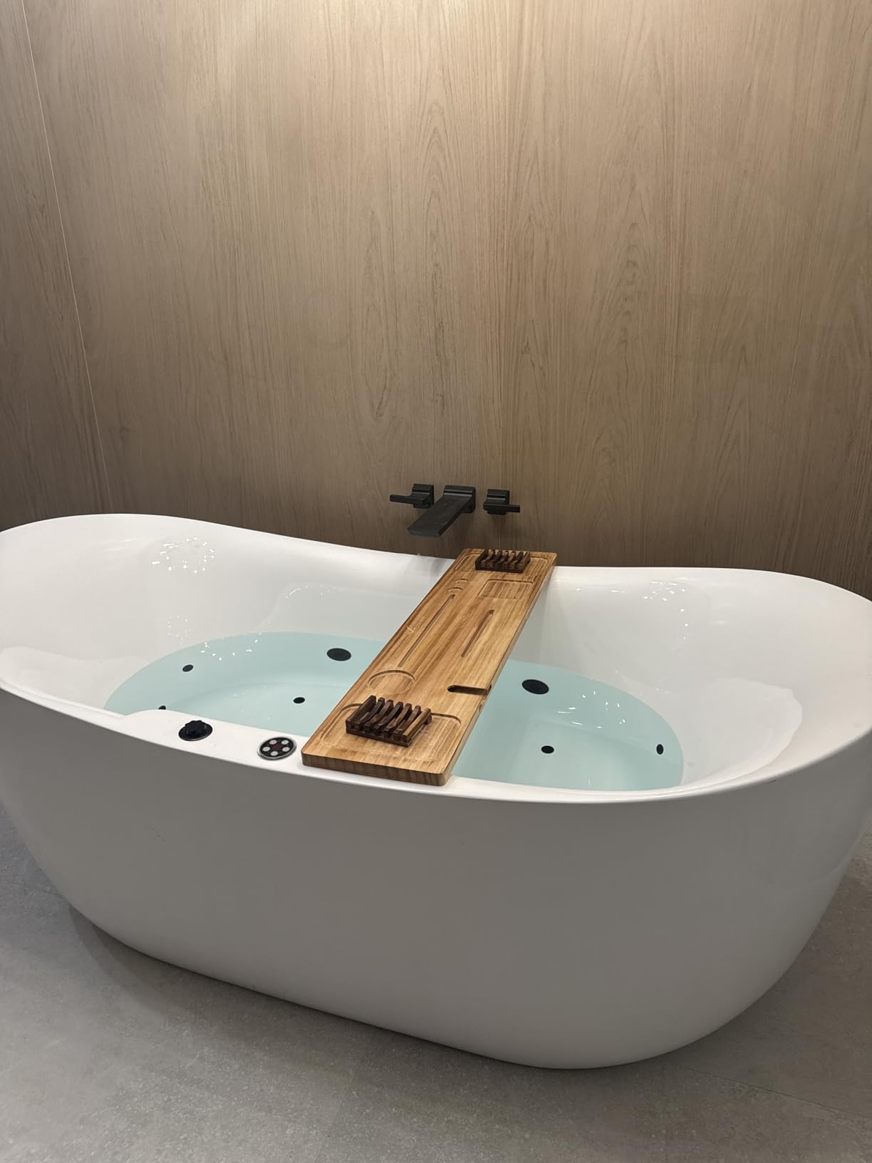 Bathtub Tray for Freestanding Bath, Solid Pine Wood Bath Tray for Tub, Bath Caddy for Home Spa, Adjustable Bathtub Trays for Tub, with Bathtub Accessories Holders, Patent Design, 35x9 customer photo 1