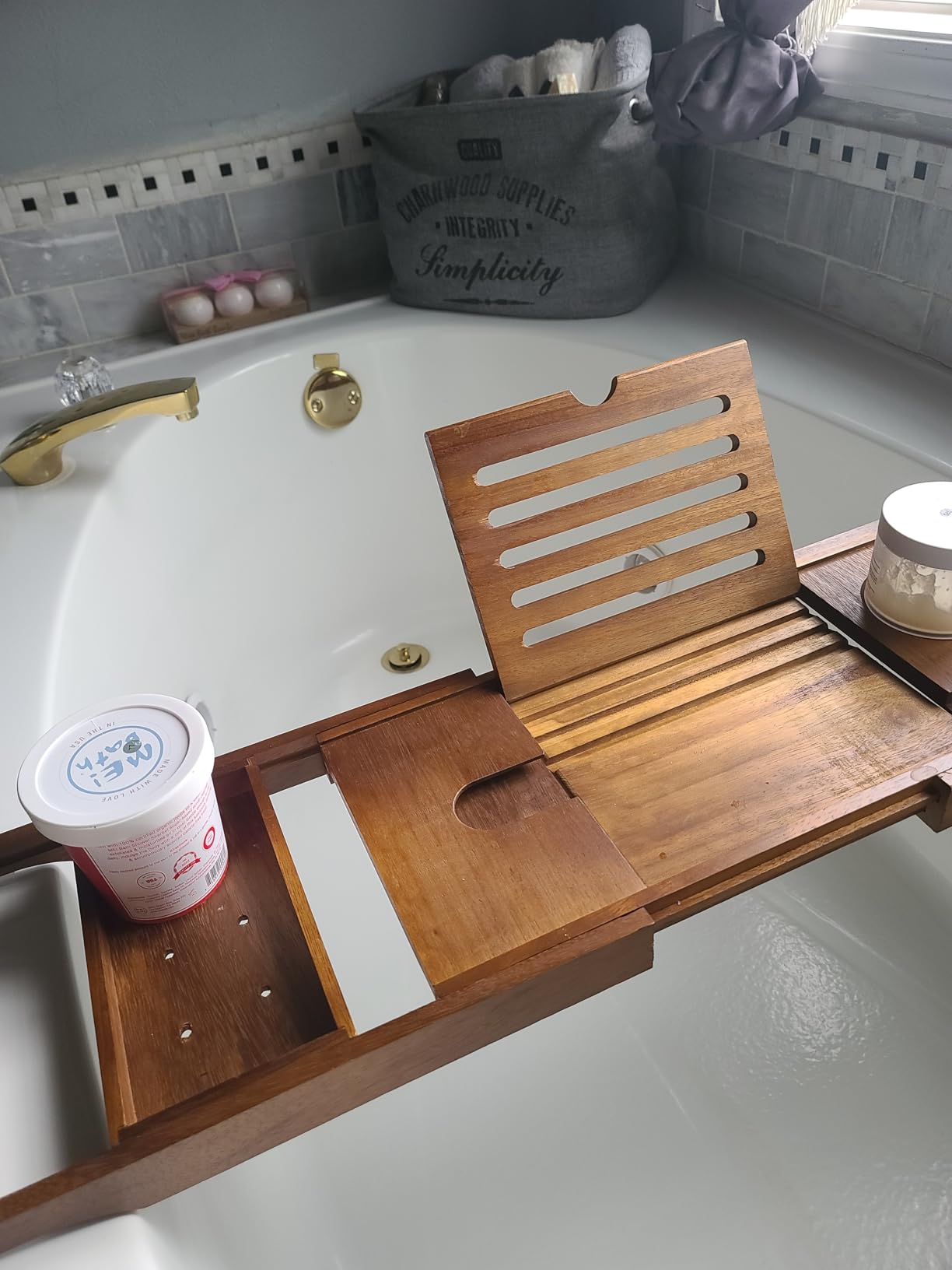 Expandable Solid Teak Wood Bathtub Caddy Tray, Adjustable Bath Tub Organizer for Bathroom Spa, Luxury Bath Accessories (Dark Natural Teak, Non‑Foldable Structure) customer photo 1